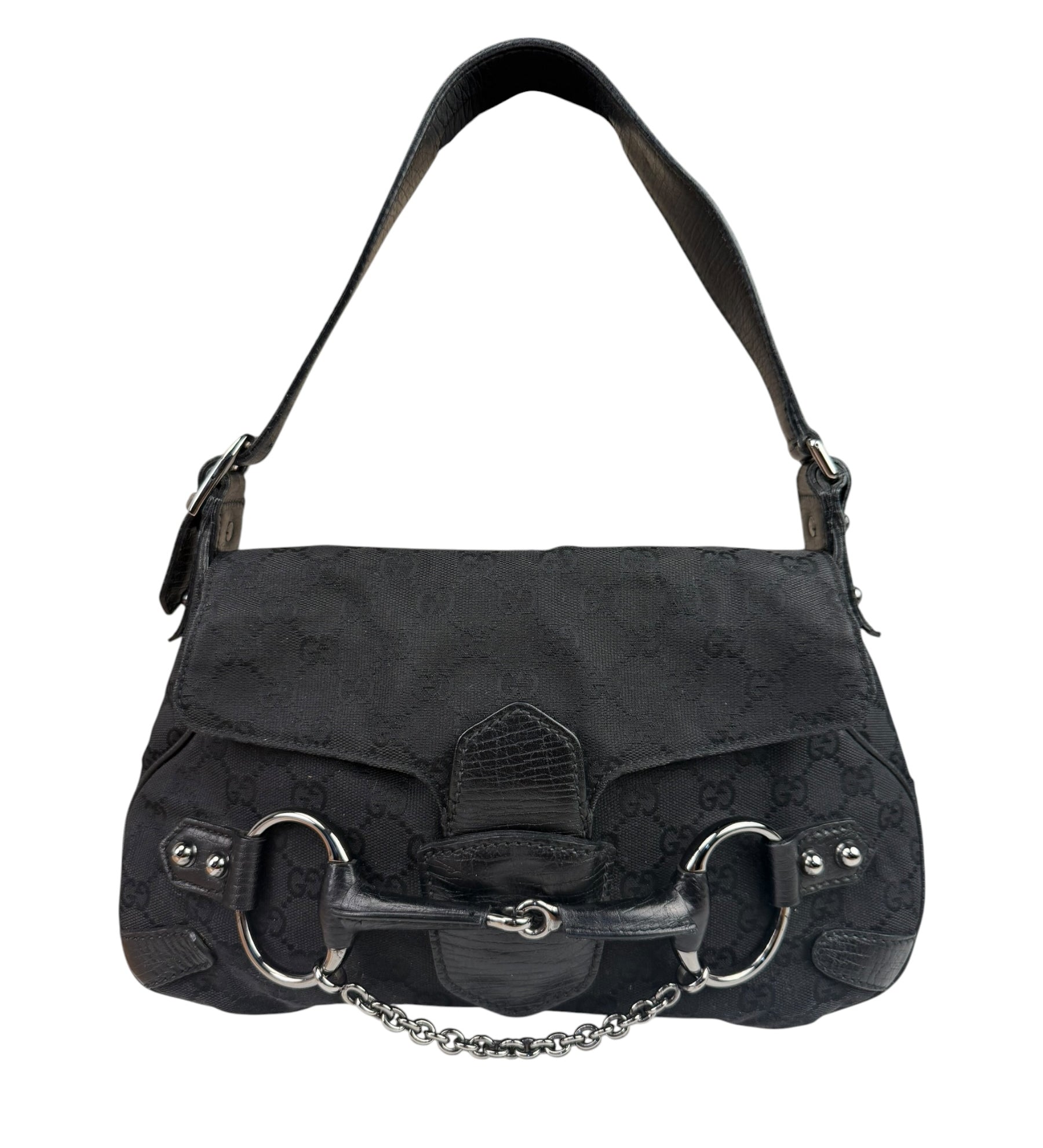 Gucci GG Vintage Black Horsebit Flap Shoulder Bag