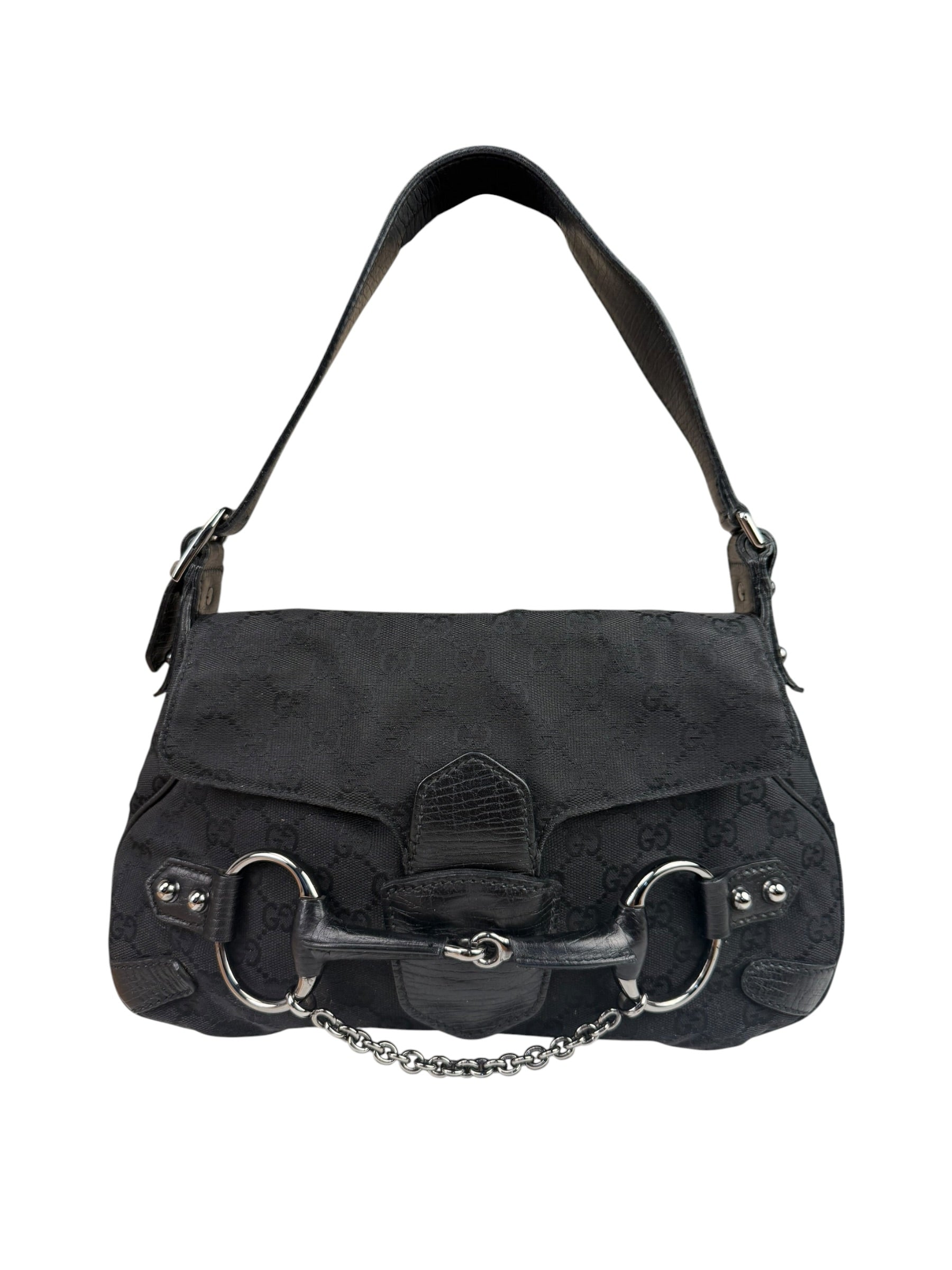 Gucci GG Vintage Black Horsebit Flap Shoulder Bag