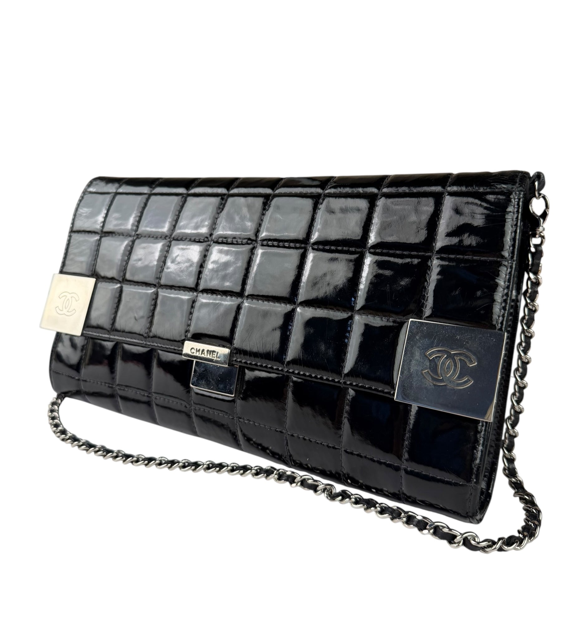 Chanel Black Patent Leather Chocolate Bar Flap Bag 2000