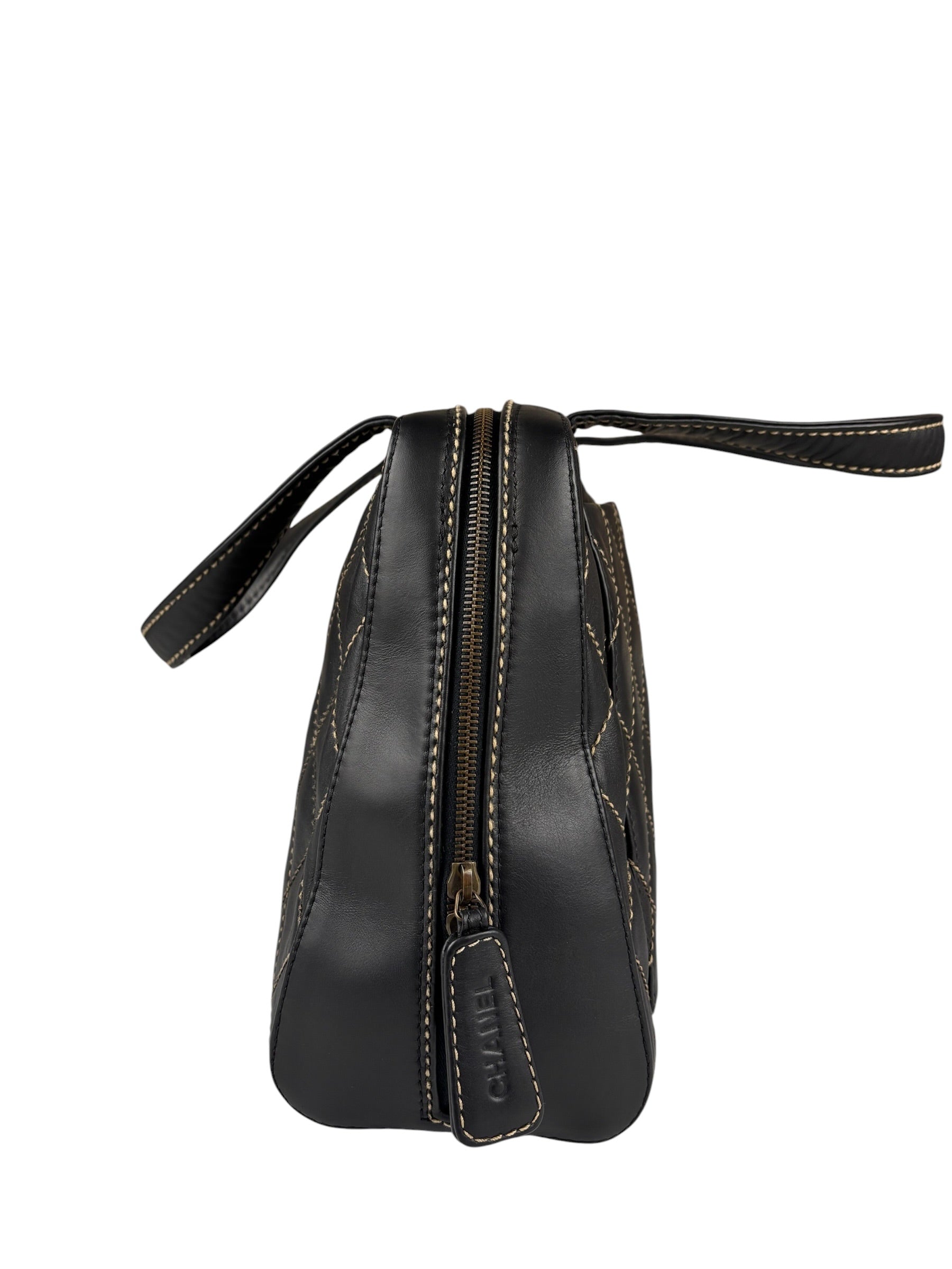 Chanel Vintage Black Leather Wild Stitch Bowler Handbag 2001
