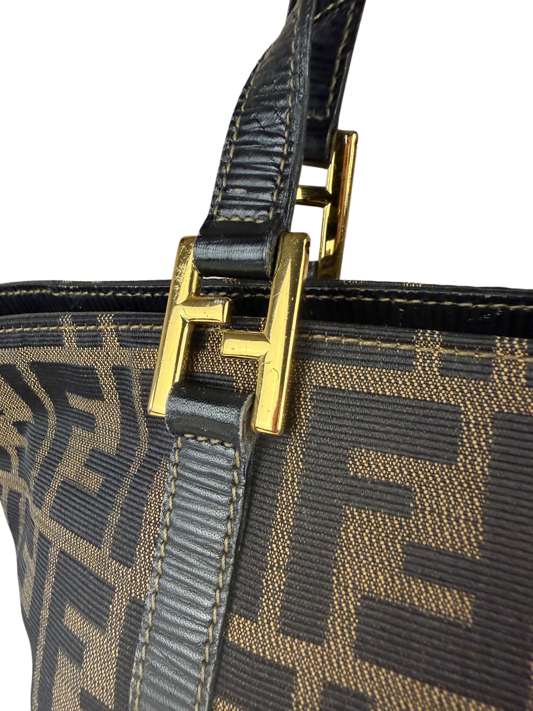 Fendi FF Black Leather Trim Zucca Mamma Pochette