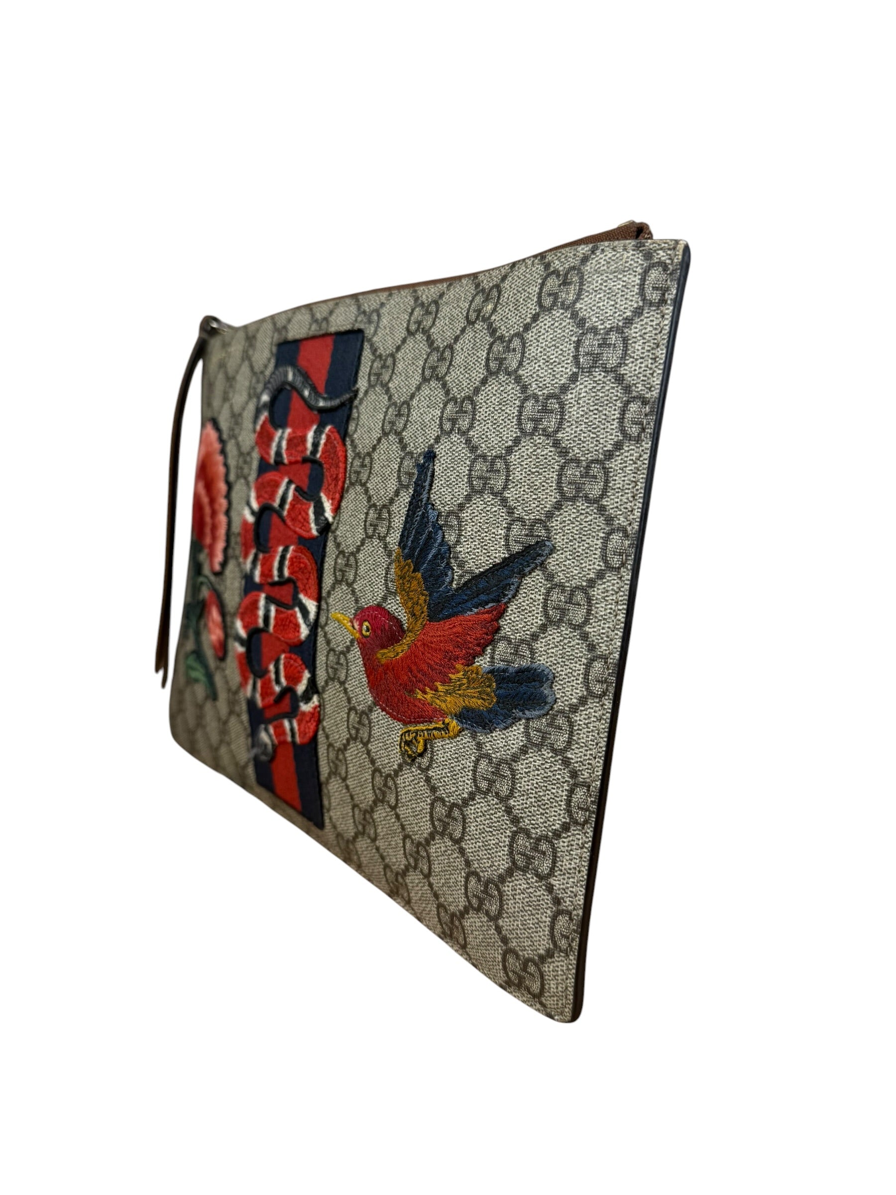 Gucci GG Supreme Kingsnake Hummingbird Embroidered Clutch Pouch