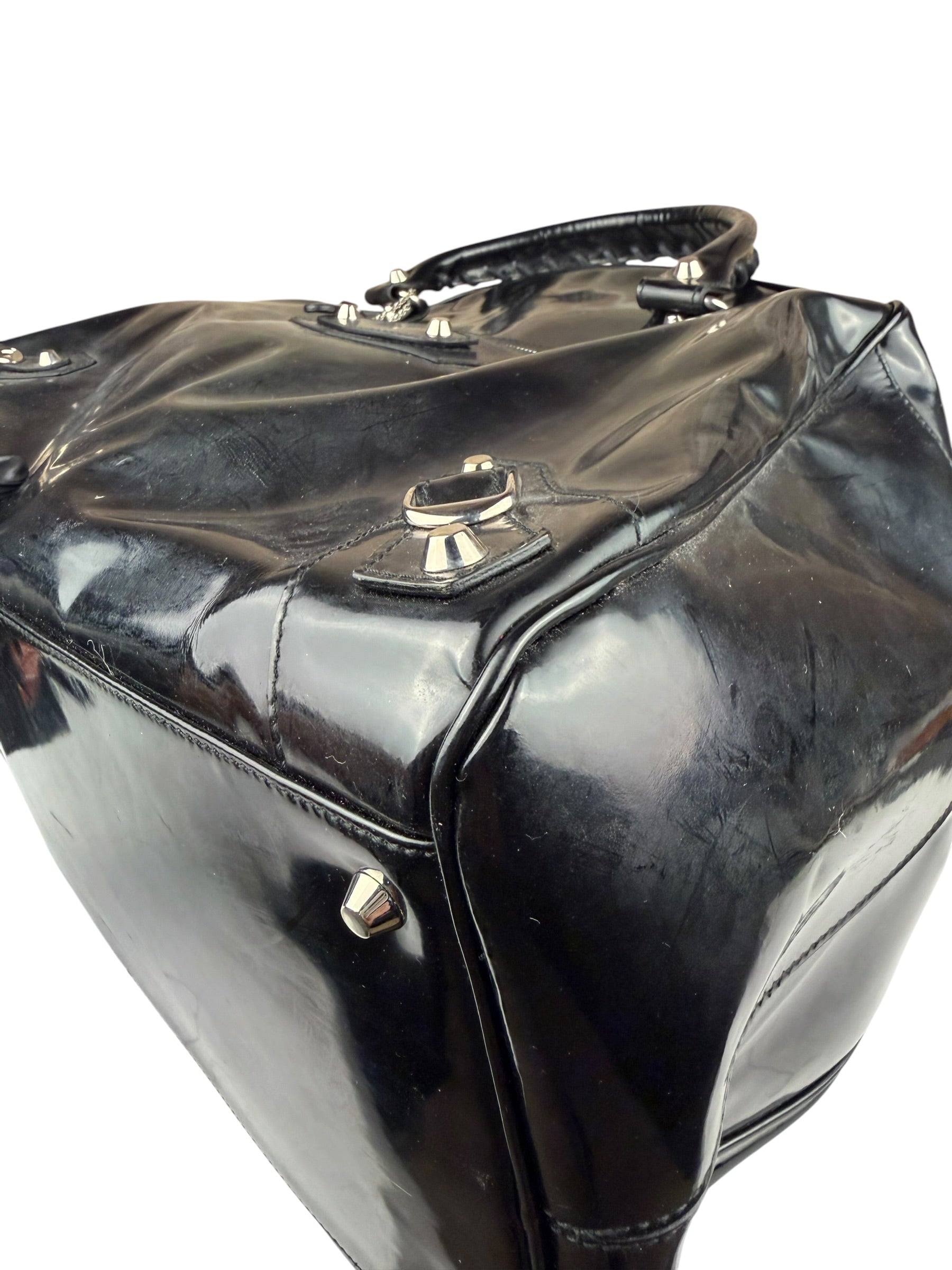 Balenciaga Black Patent Leather Weekender Handbag