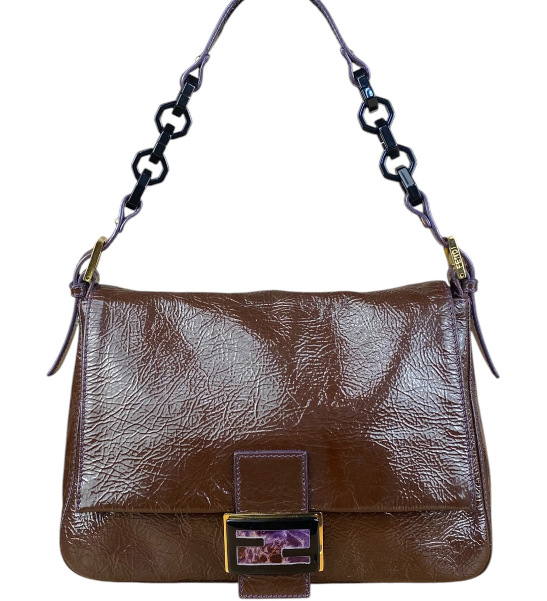 Fendi Vintage Brown Patent Leather Mamma Baguette (Exterior Stickiness)