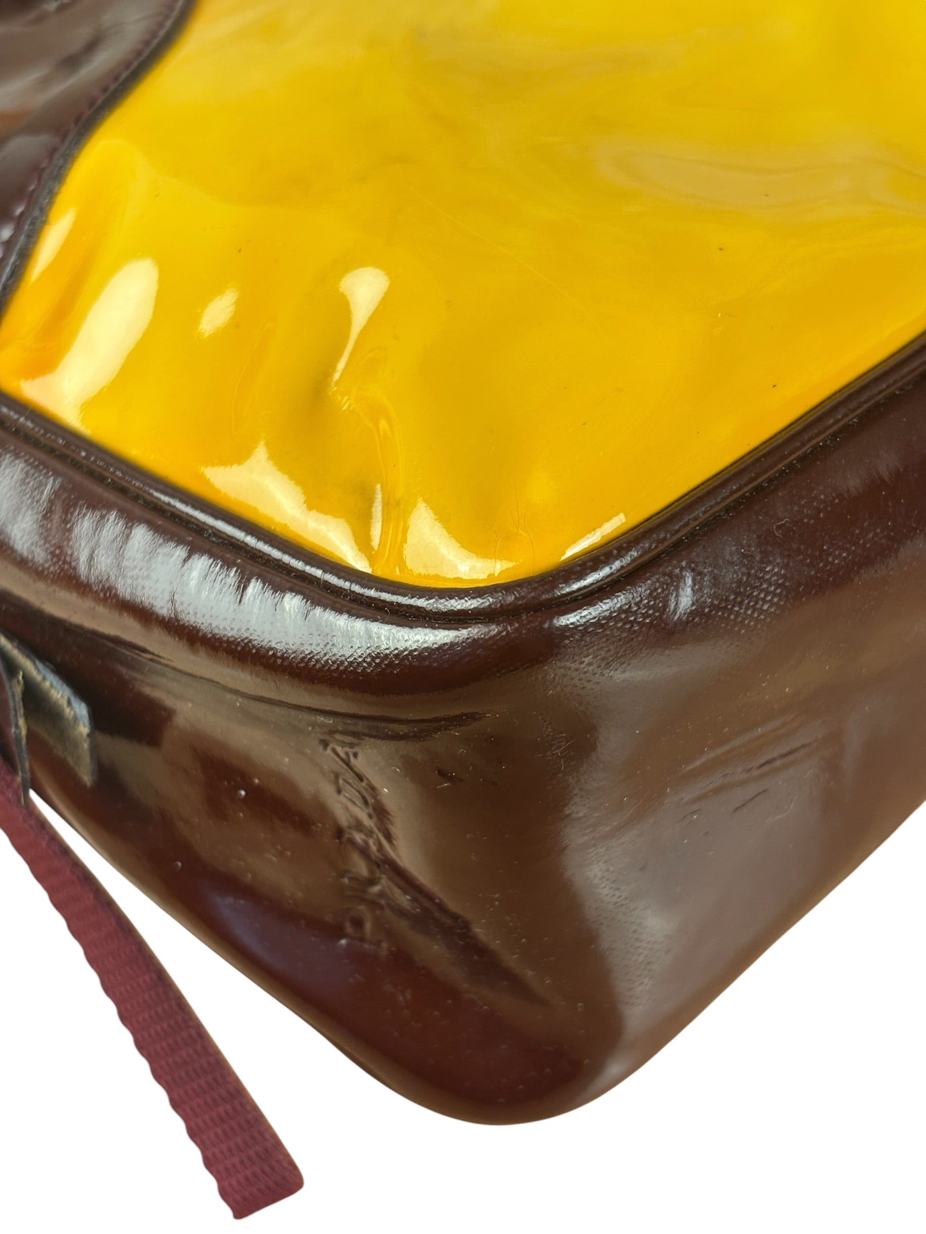 Prada Vintage Yellow/Burgundy Patent Leather Bowler Shoulder Bag