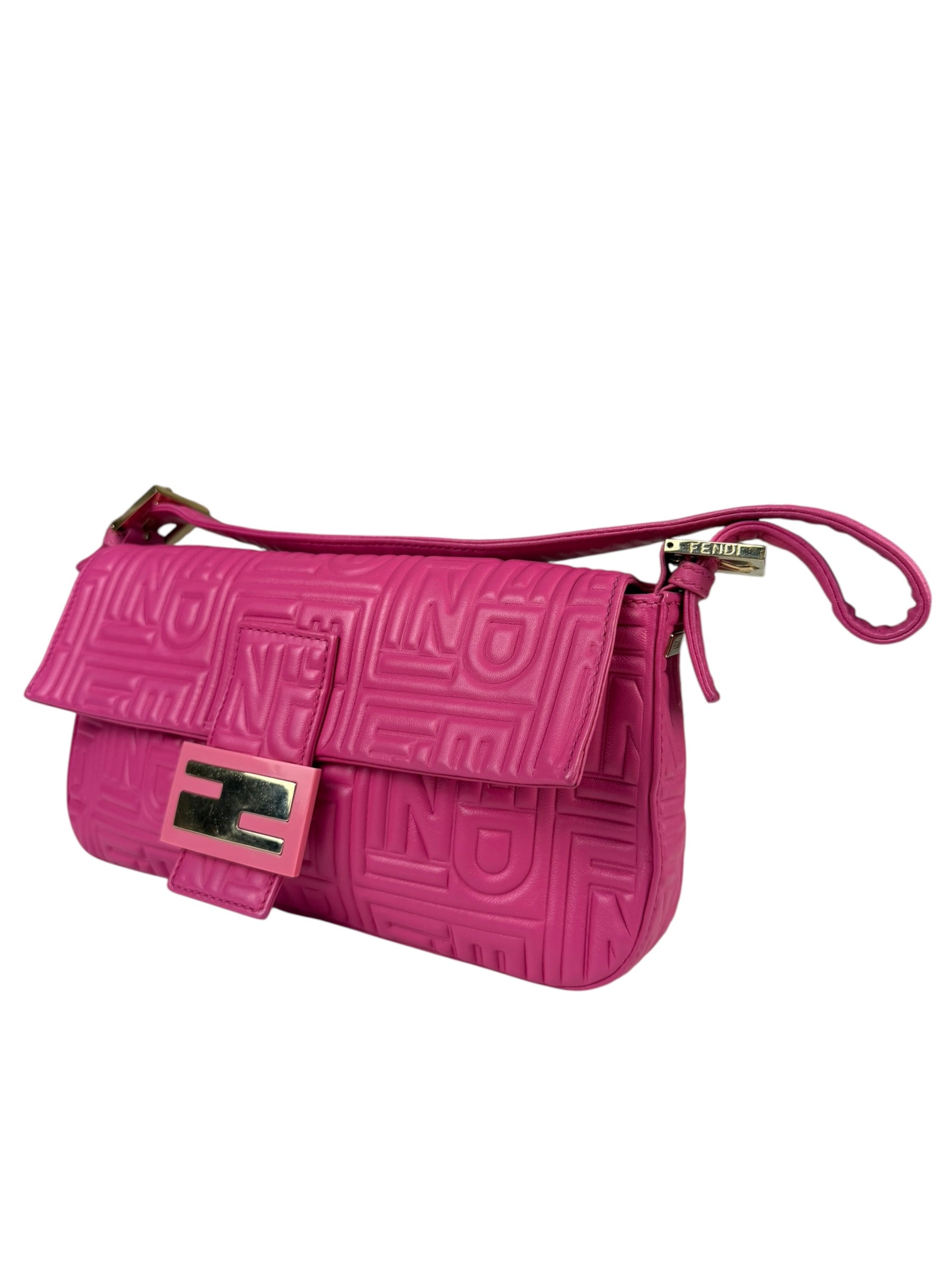 Fendi Pink Leather Logo Embossed Baguette