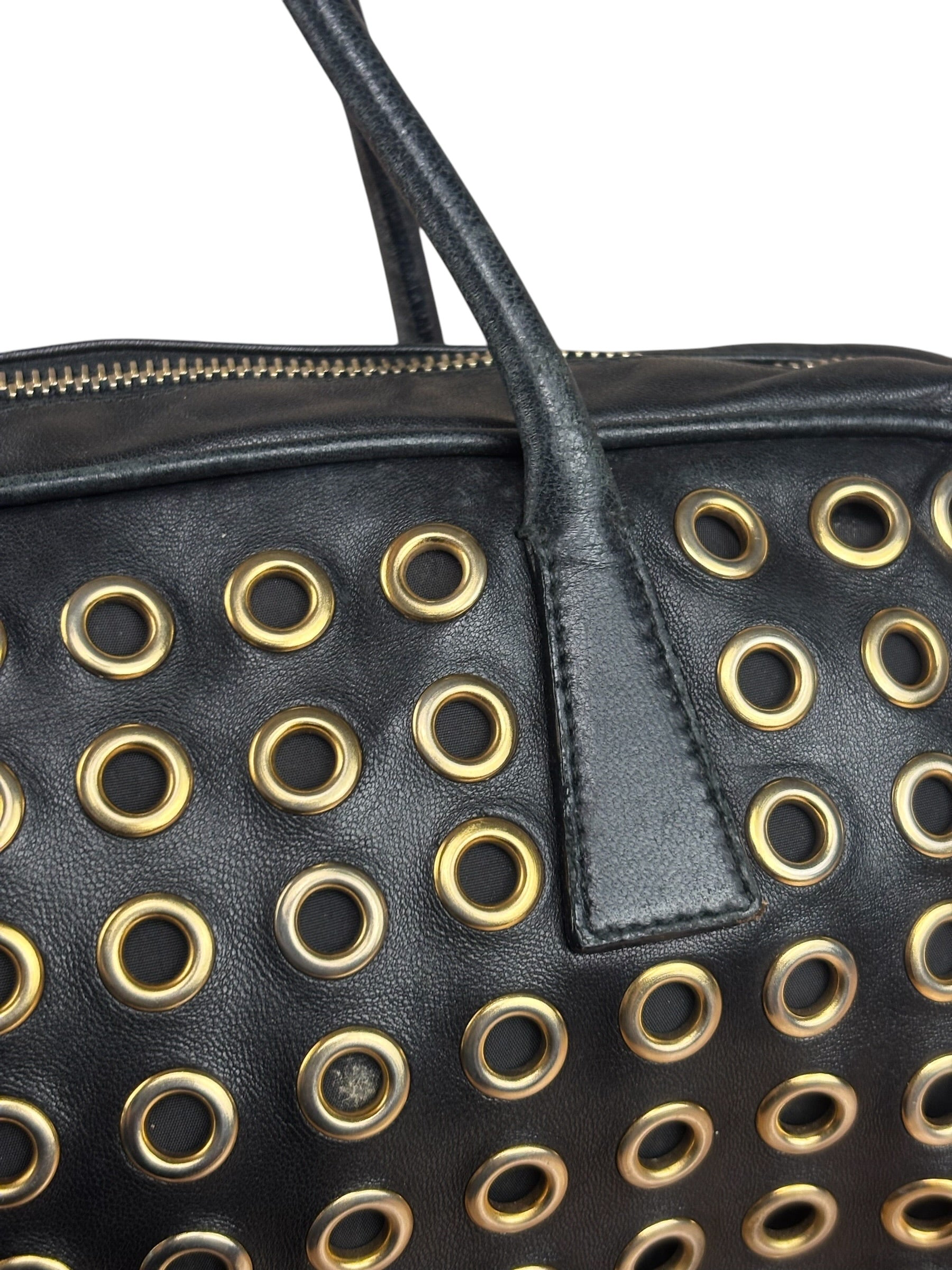 Prada Vintage Black Leather Nappa Metal Grommet Bauletto Handbag