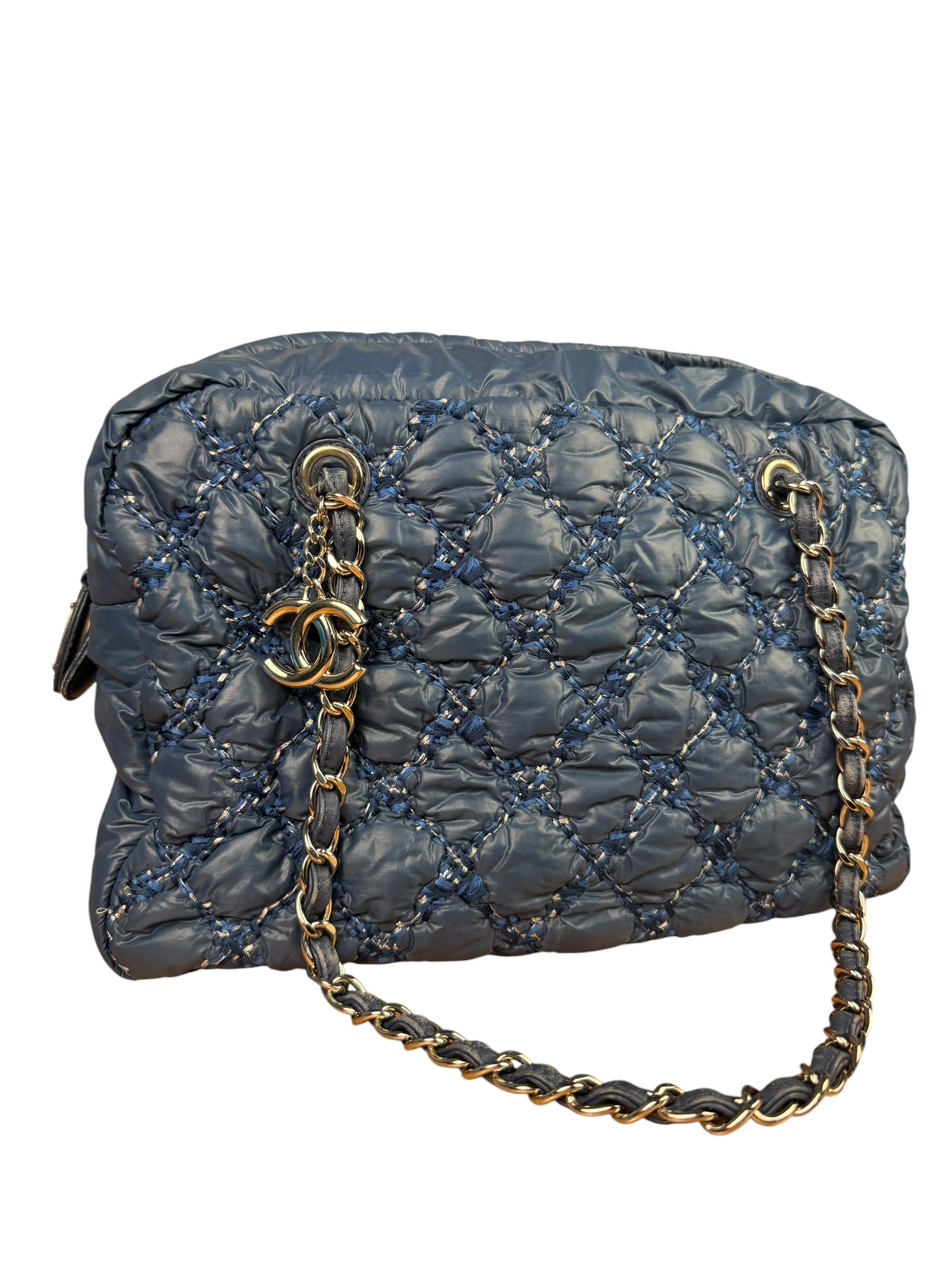 Chanel Blue Leather Trim/Nylon Tweed Stitch Puffer Chain Shoulder Bag 2010
