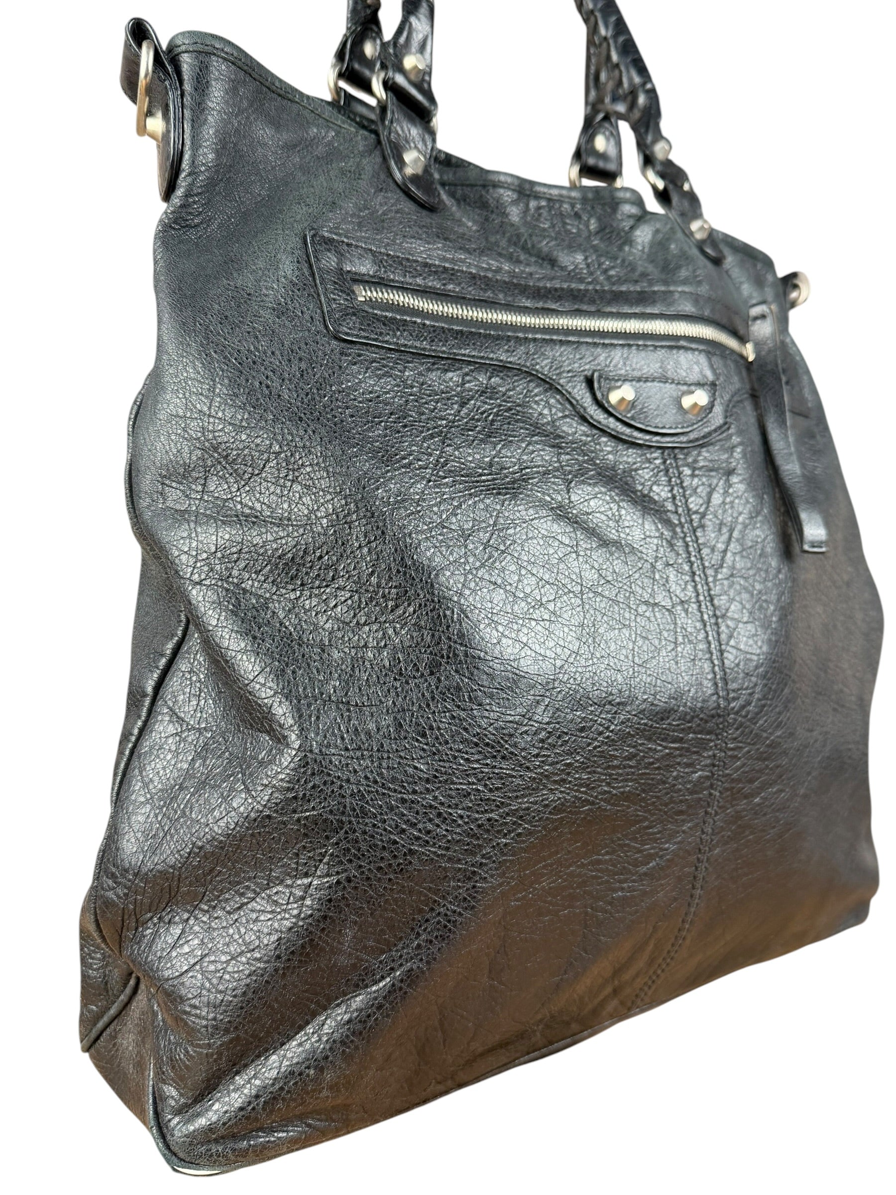 Balenciaga Vintage Black Leather Classic Square Zip Shoulder Tote Bag