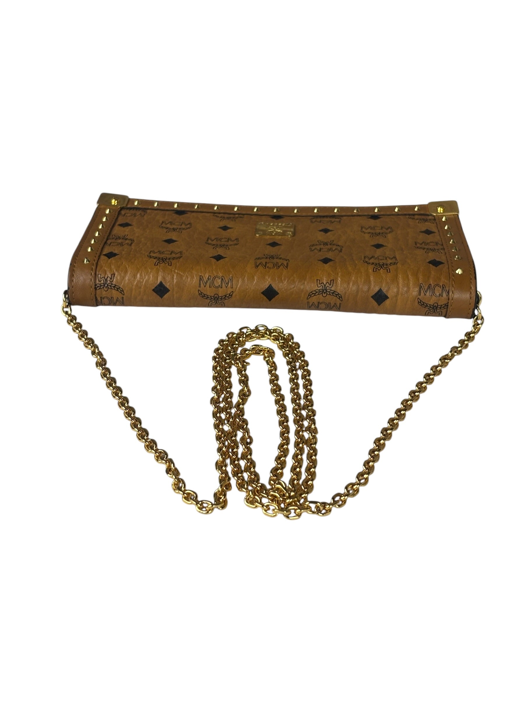 MCM Brown Leather Monogram Studded Long Wallet On Chain