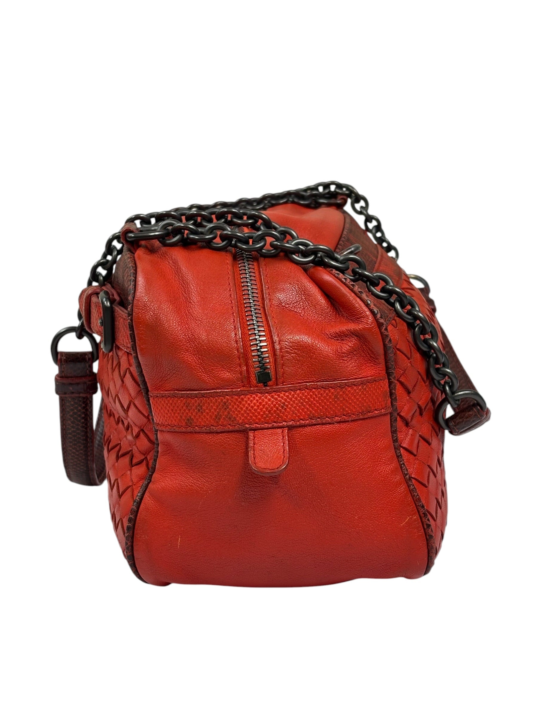 Bottega Veneta Red Lambskin/Lizard Intrecciato Shoulder Bag