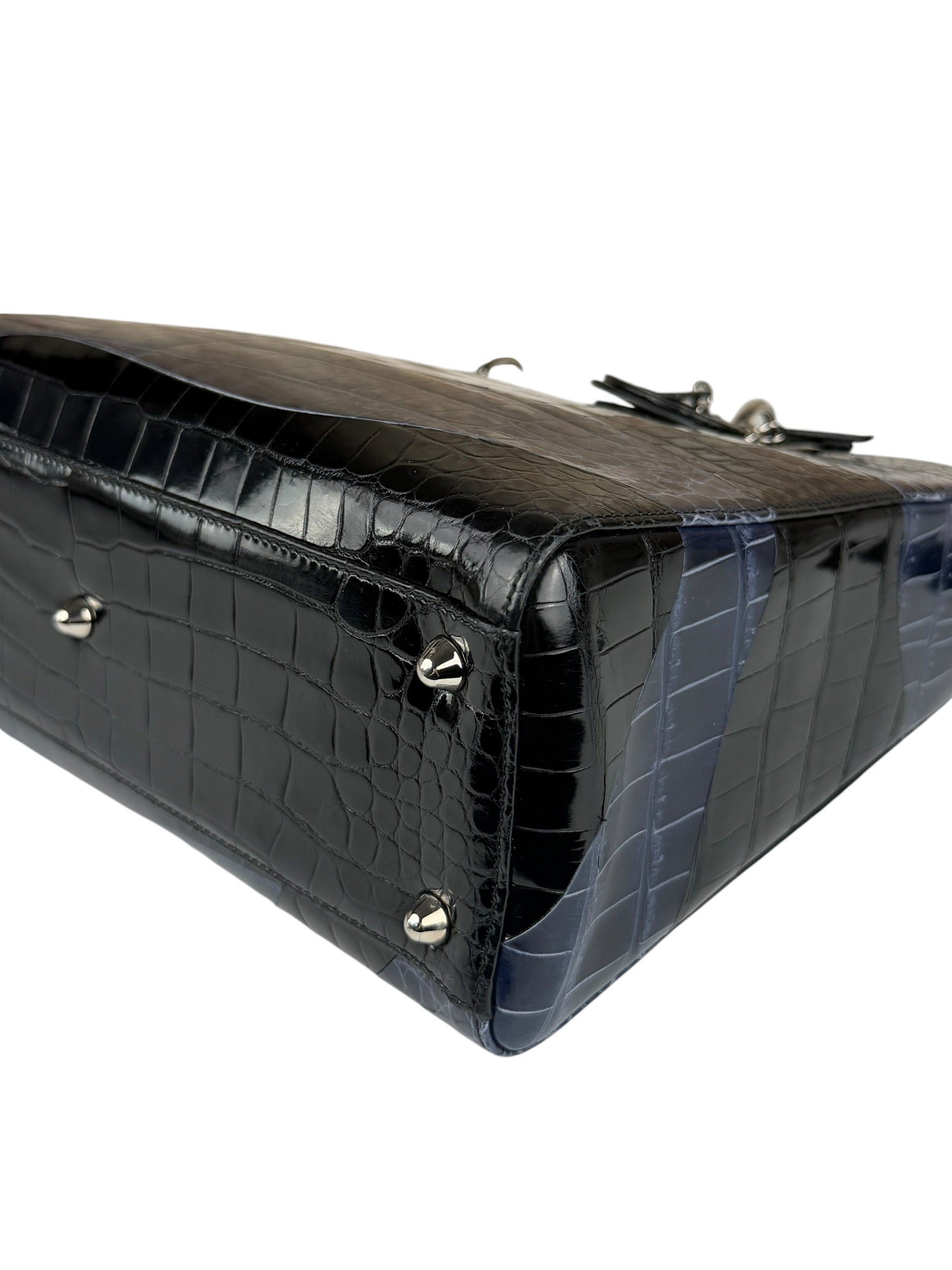 Christian Dior Rare Black/Navy Croc Embossed Lady Dior Handbag