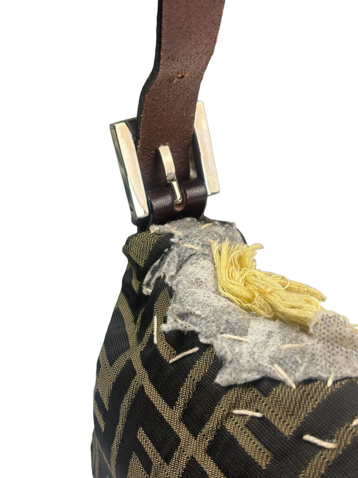 Fendi Brown Leather Trim Zucca Floral Embroidered Baguette