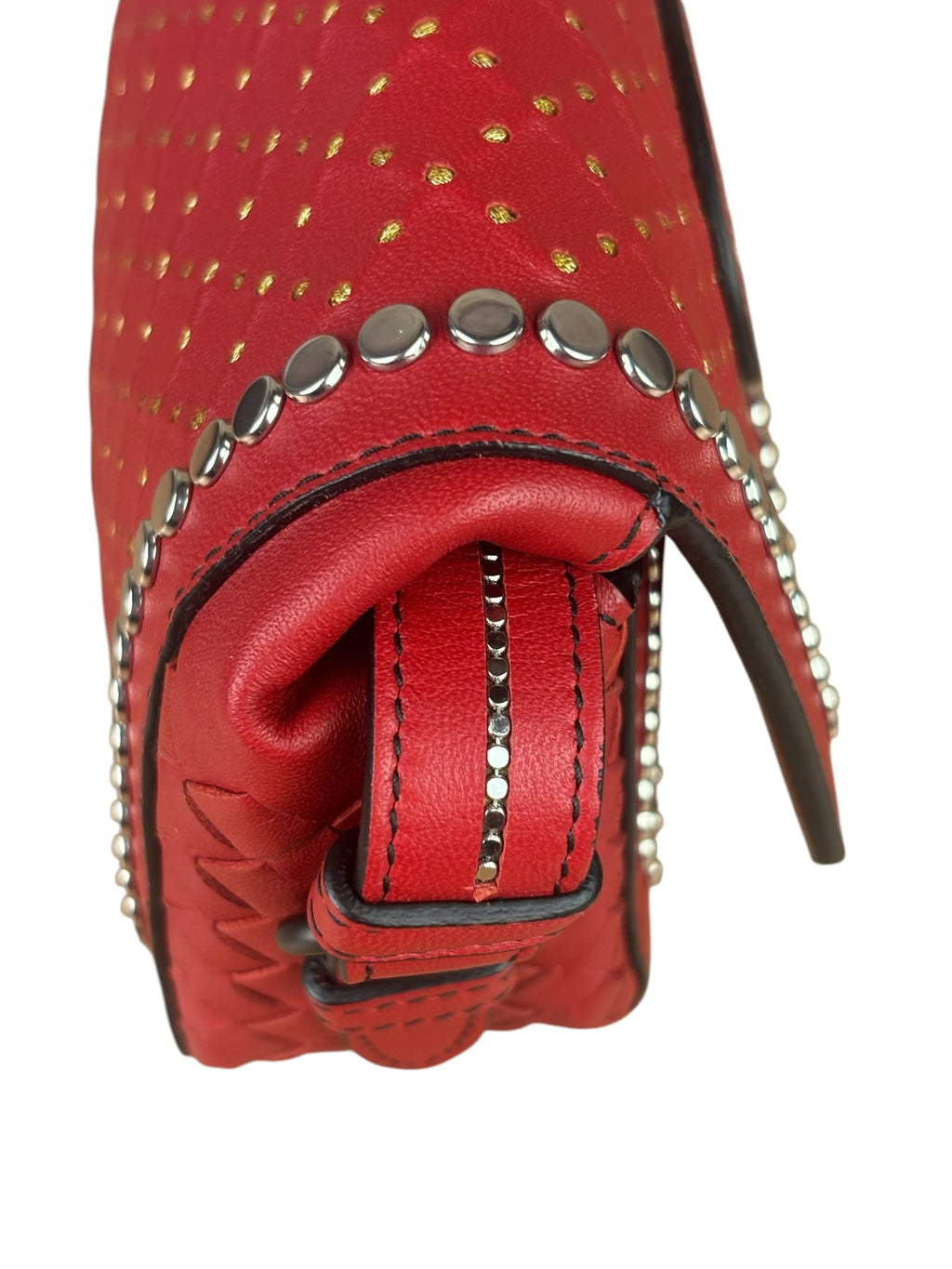 Bottega Veneta Red Leather Studded Intrecciato Flap Crossbody Bag