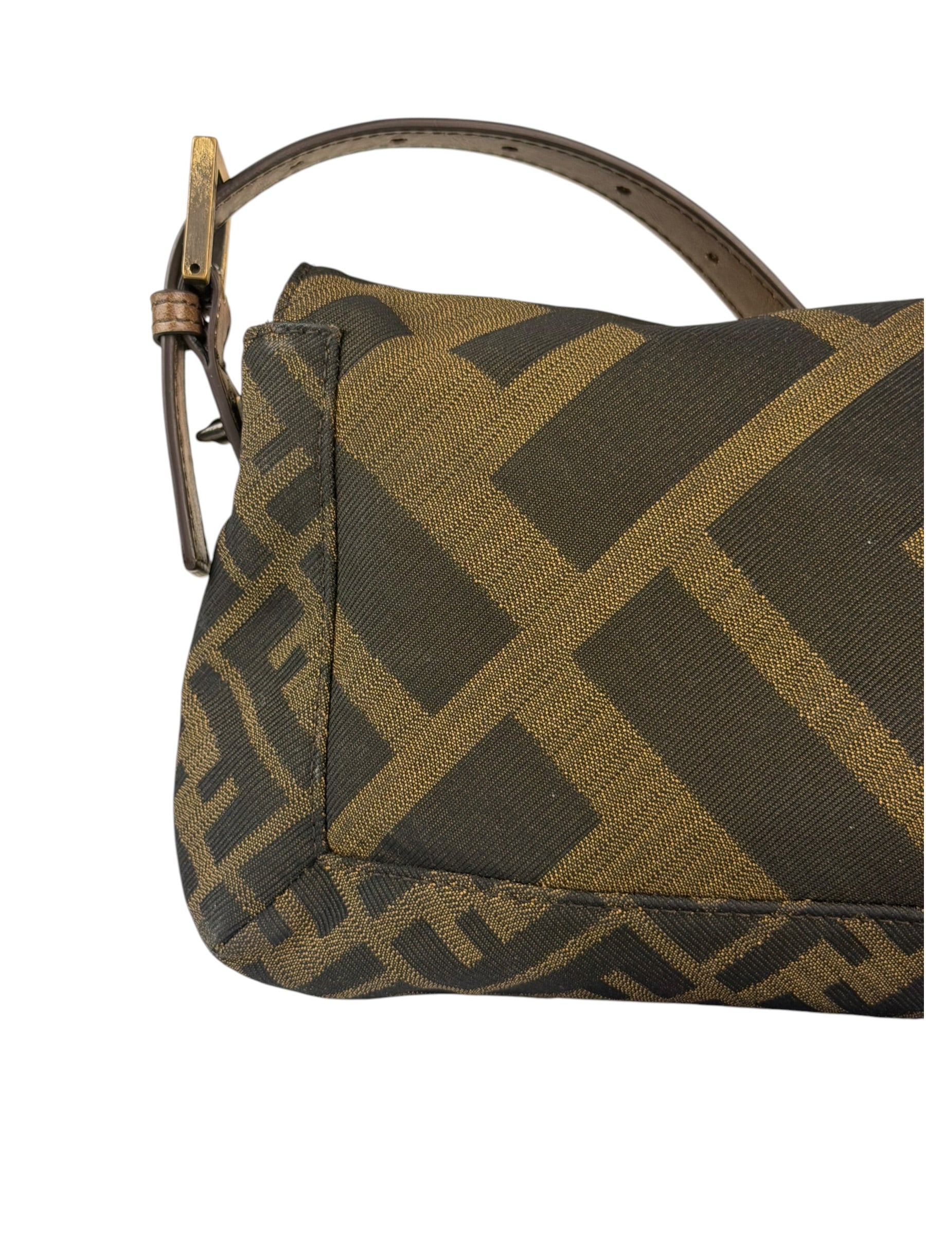 Fendi Vintage Brown Leather Trim Zucca Whipstitch XL Baguette