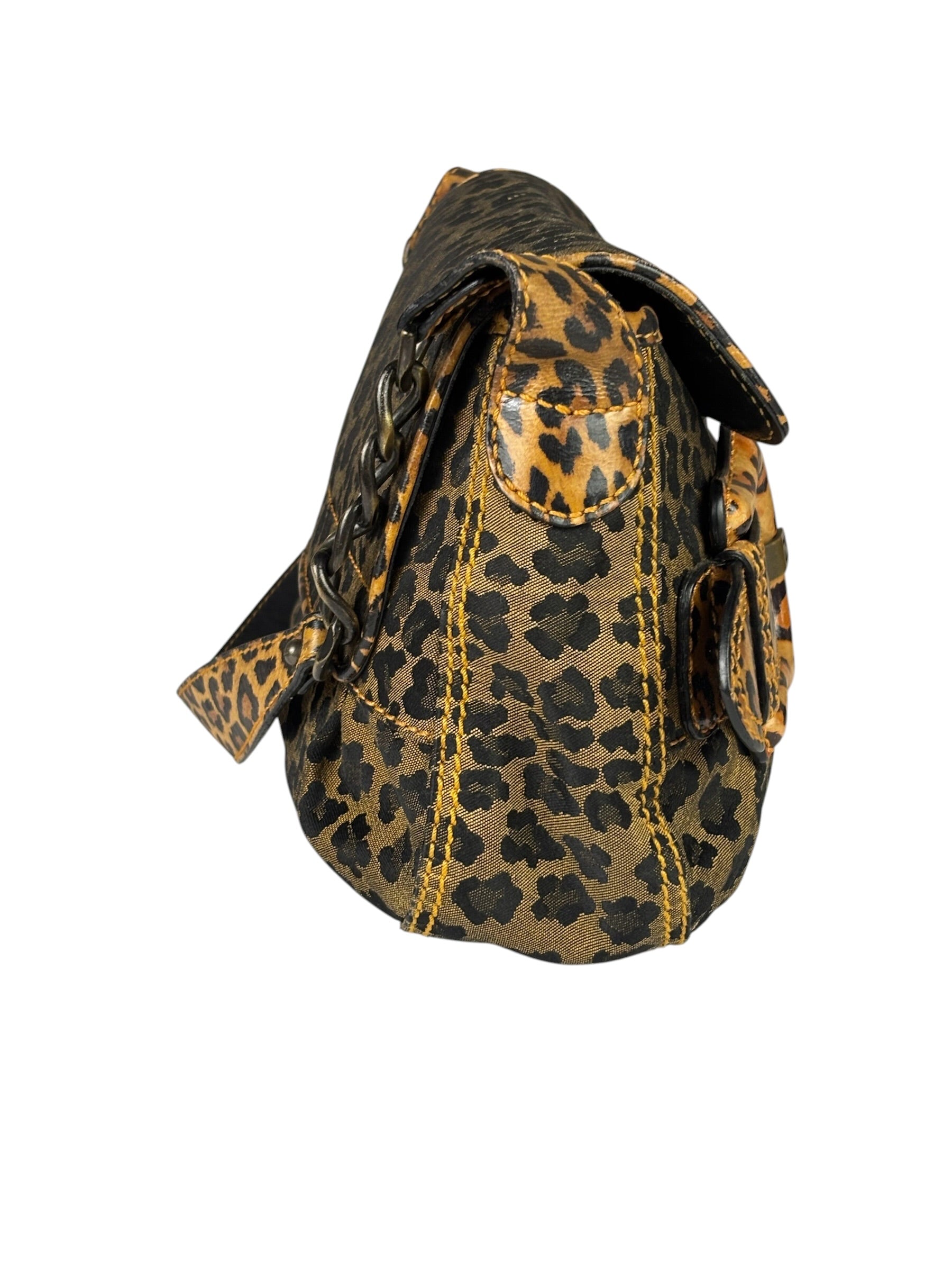 Fendi Brown Leather Trim Leopard Print Buckle Bag