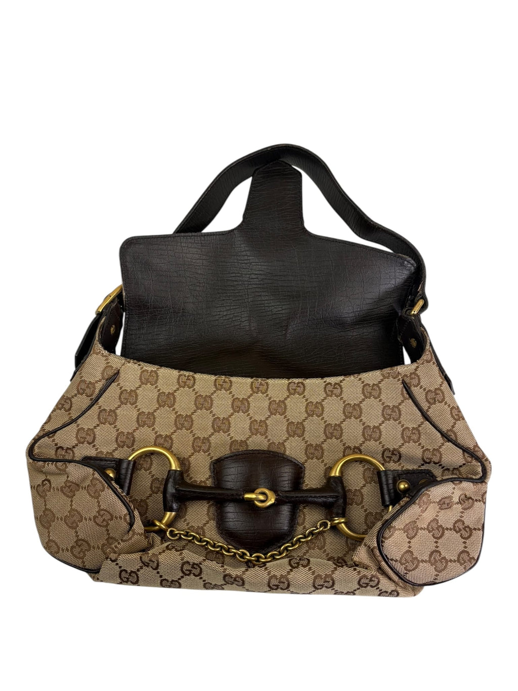 Gucci Brown Leather Trim GG Horsebit Chain Shoulder Bag