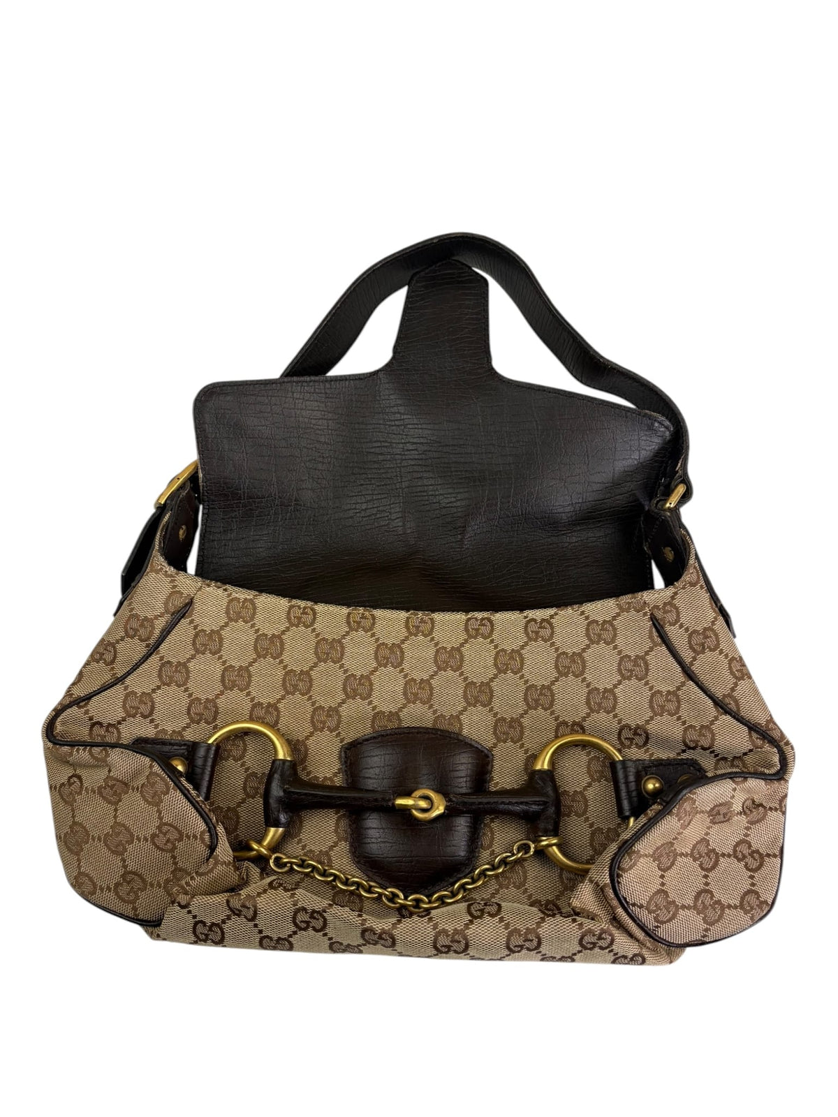 Gucci Brown Leather Trim GG Horsebit Chain Shoulder Bag