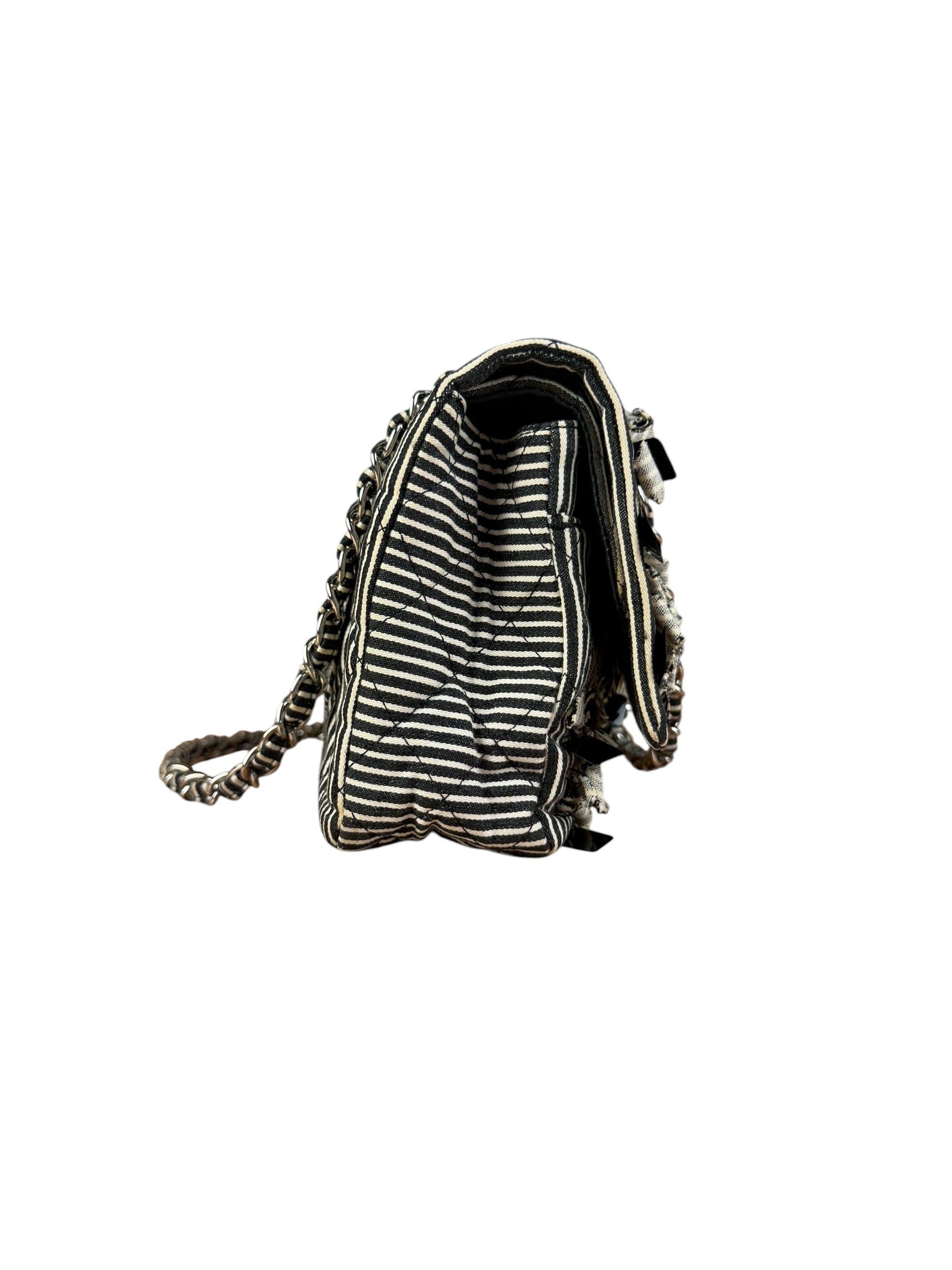 Chanel Black/White Sequin Stripped Medium Double Flap Shoulder Bag