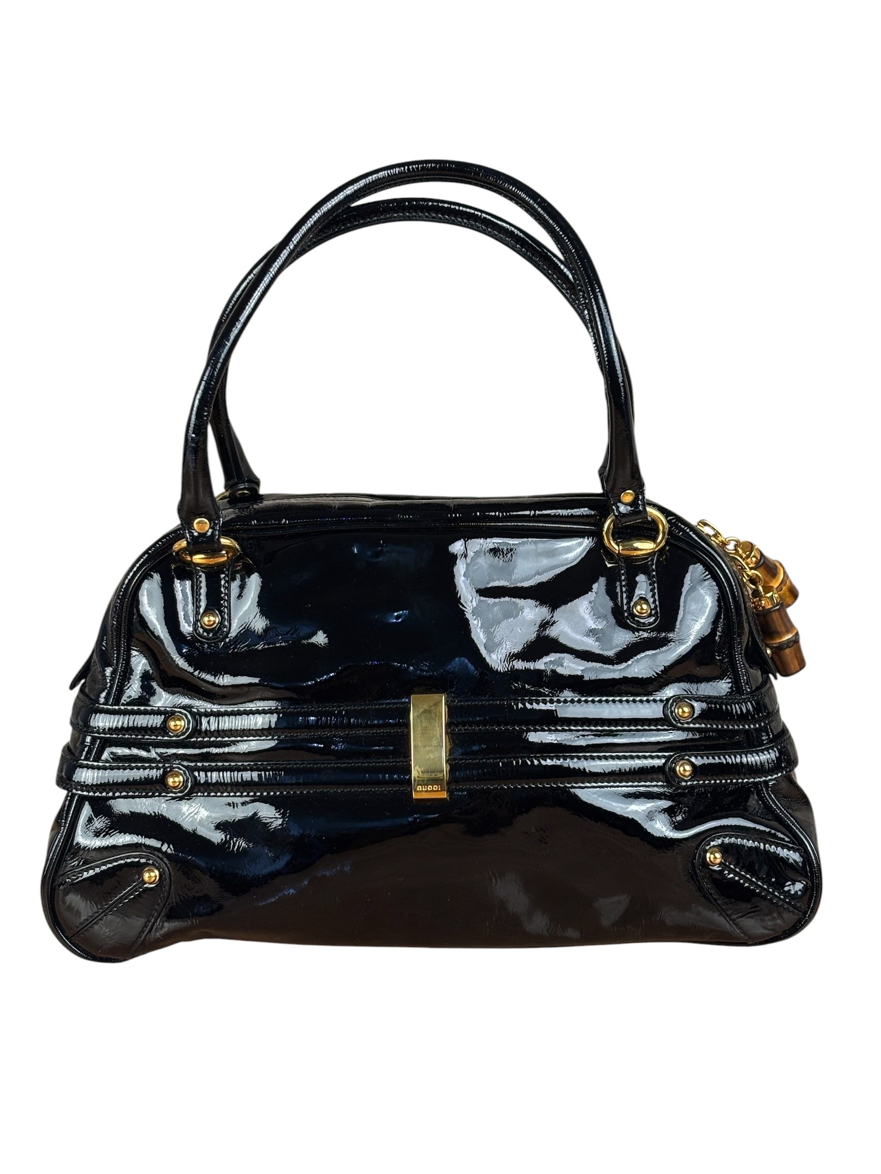 Gucci Black Patent Leather Horsebit Wave Shoulder Bag