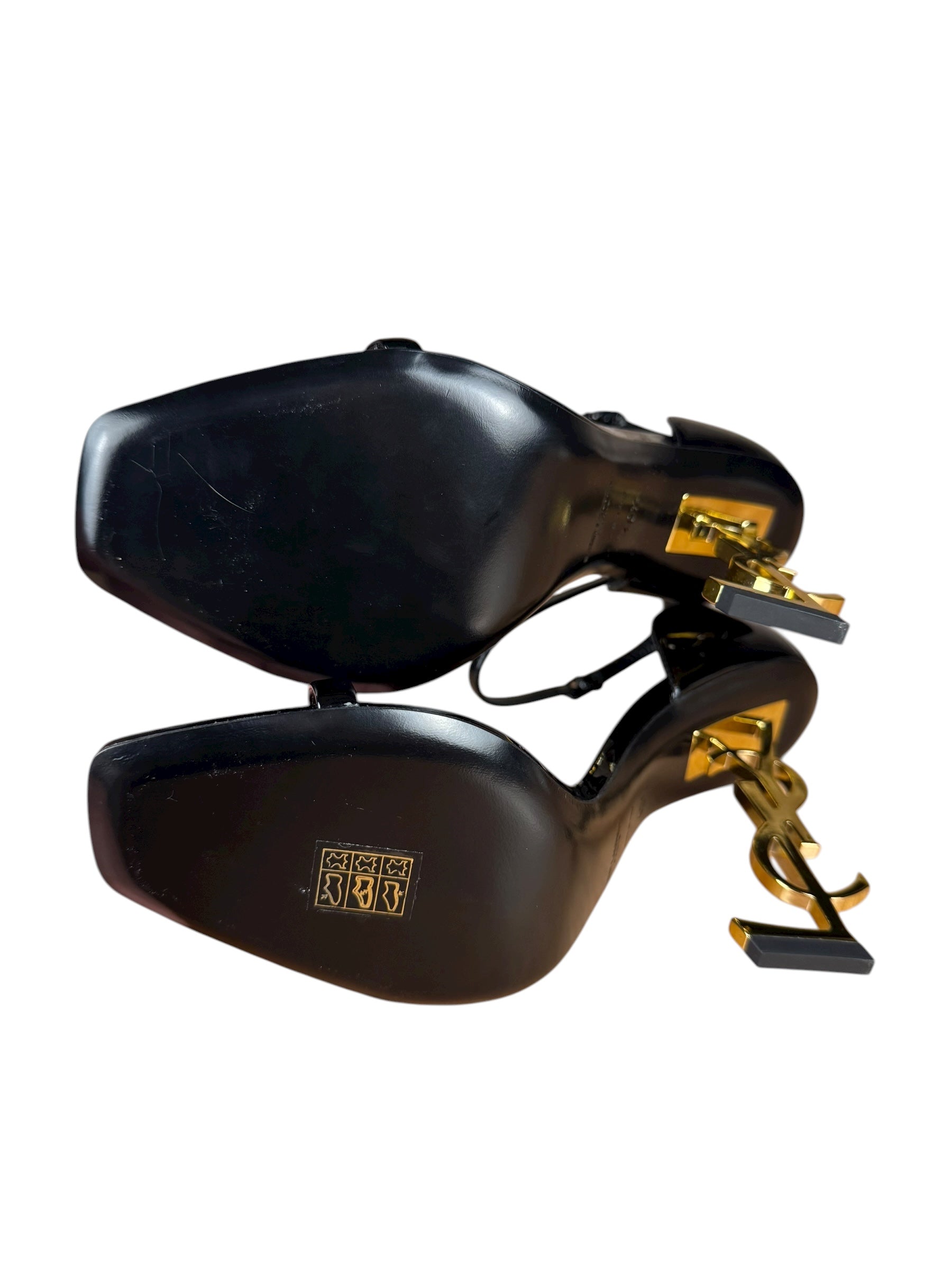 Saint Laurent Glossy Black Gold Logo Heels