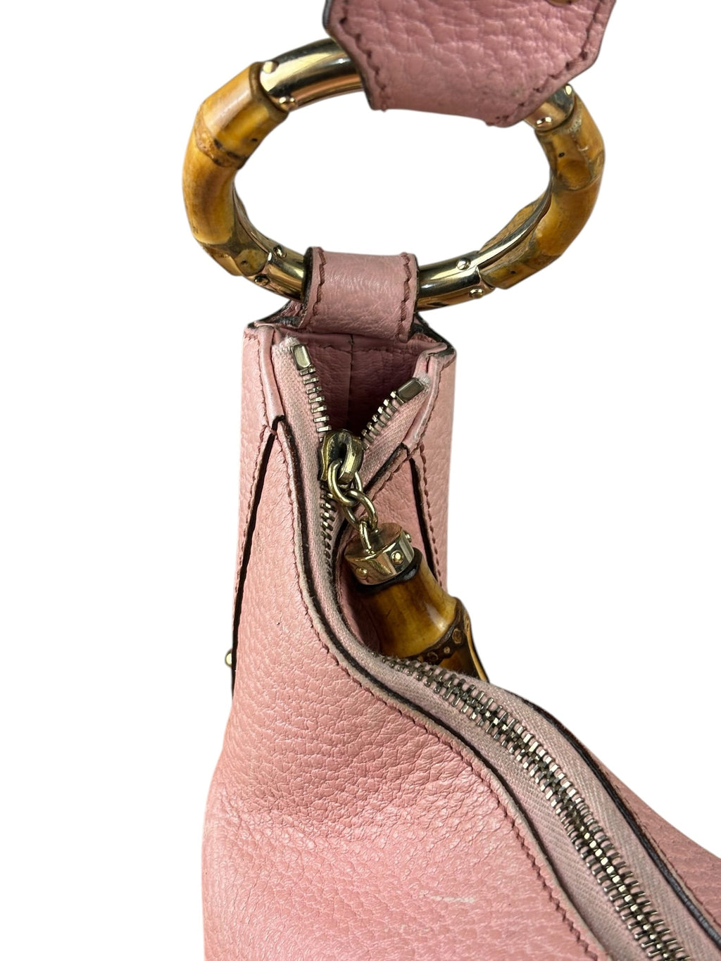 Gucci Pink Pebbled Leather Bamboo Ring Medium Hobo Bag