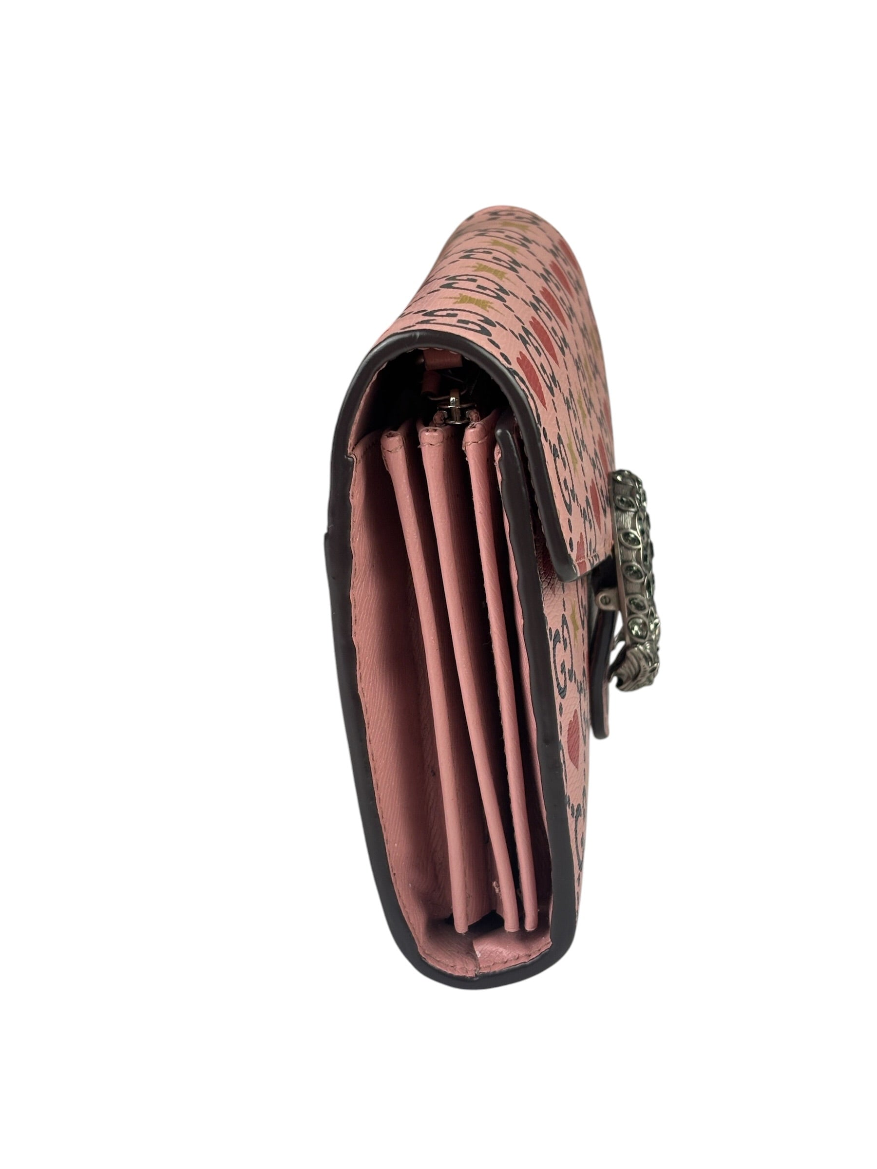 Gucci Pink Leather Dionysus GGCrystal Valentines Small Wallet On Chain