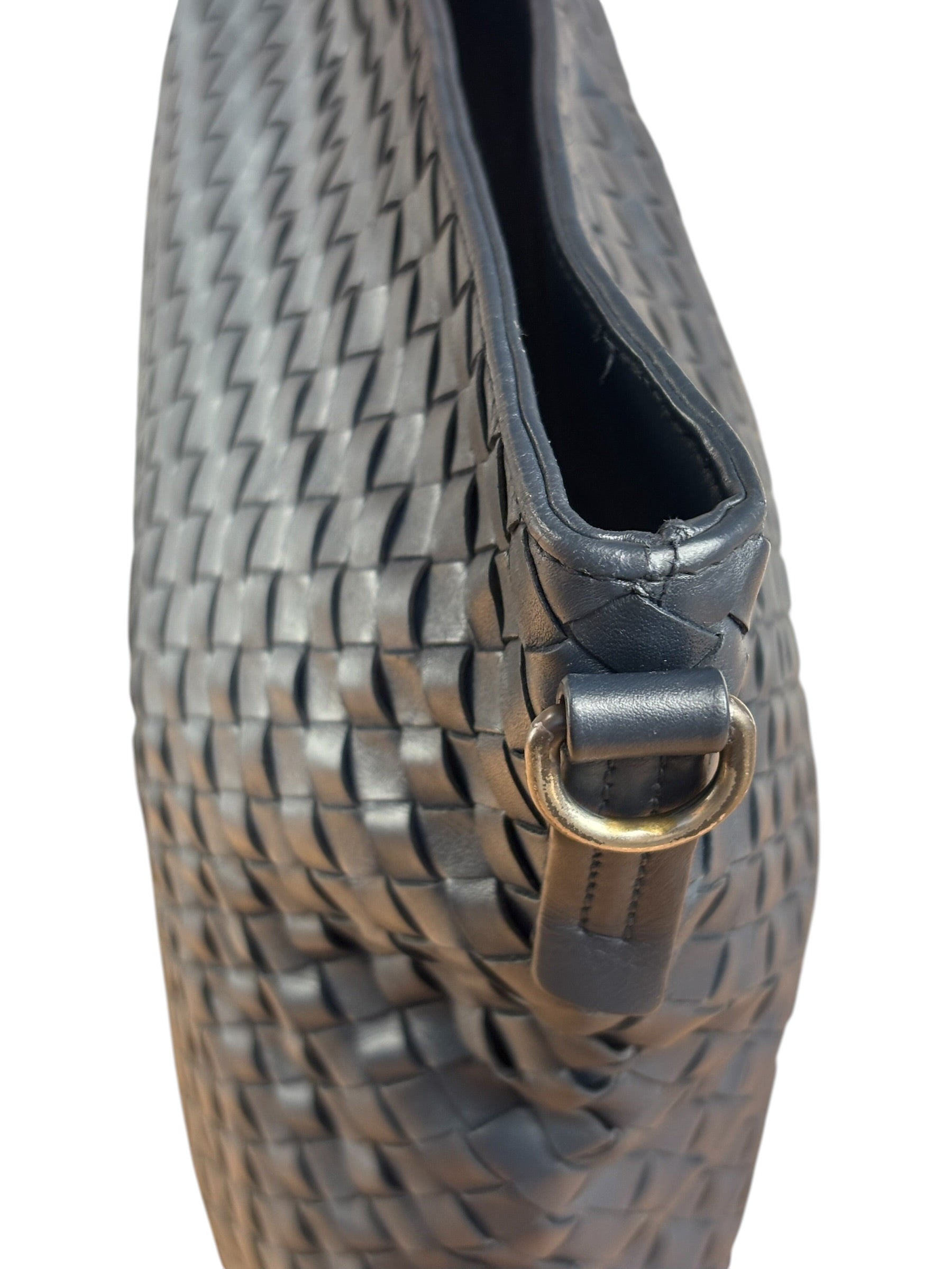 Bottega Veneta Navy Blue Leather Intrecciato Woven Flat Crossbody Bag