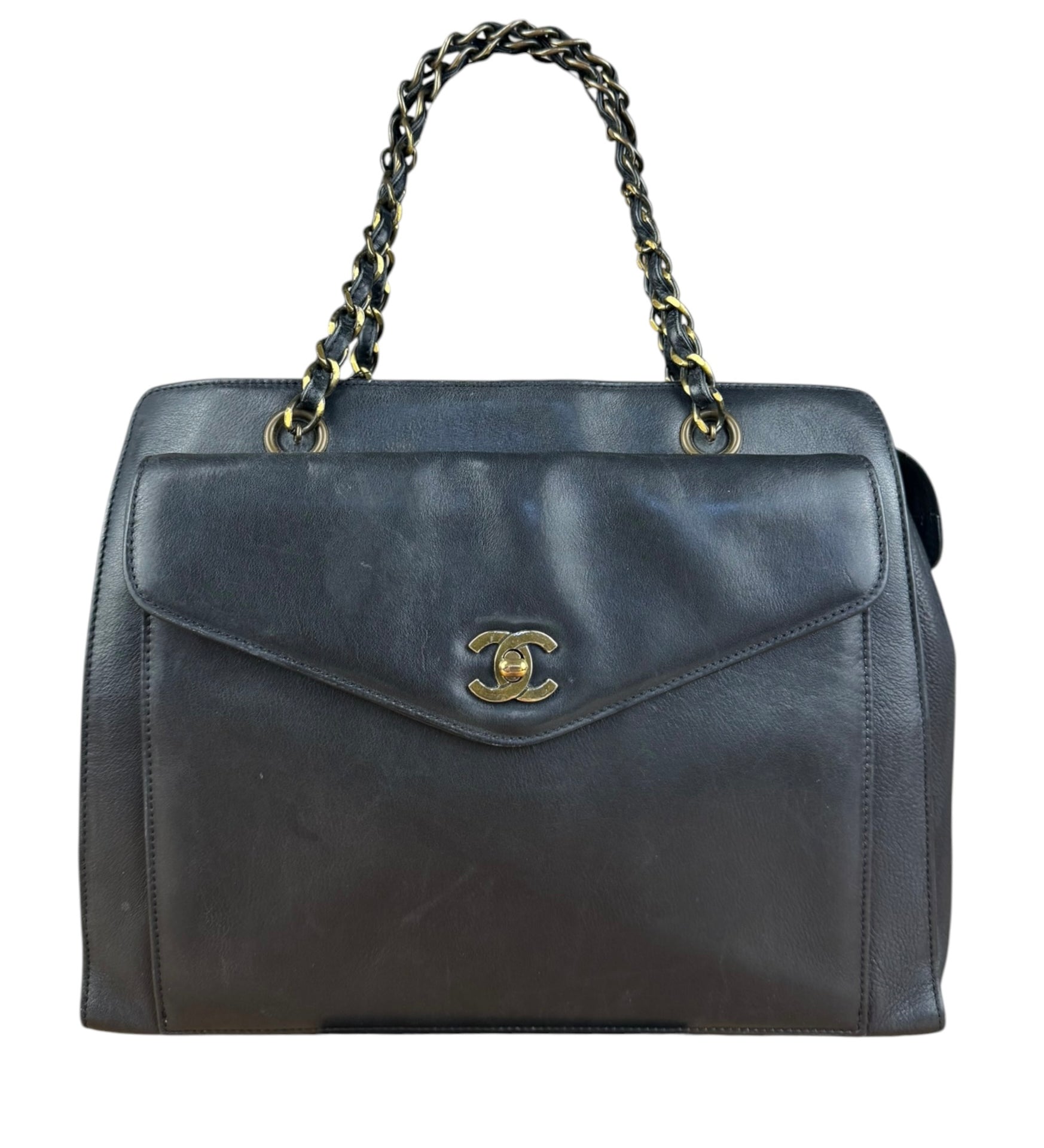 Chanel Black Leather Front Pocket Chain Tote 1998