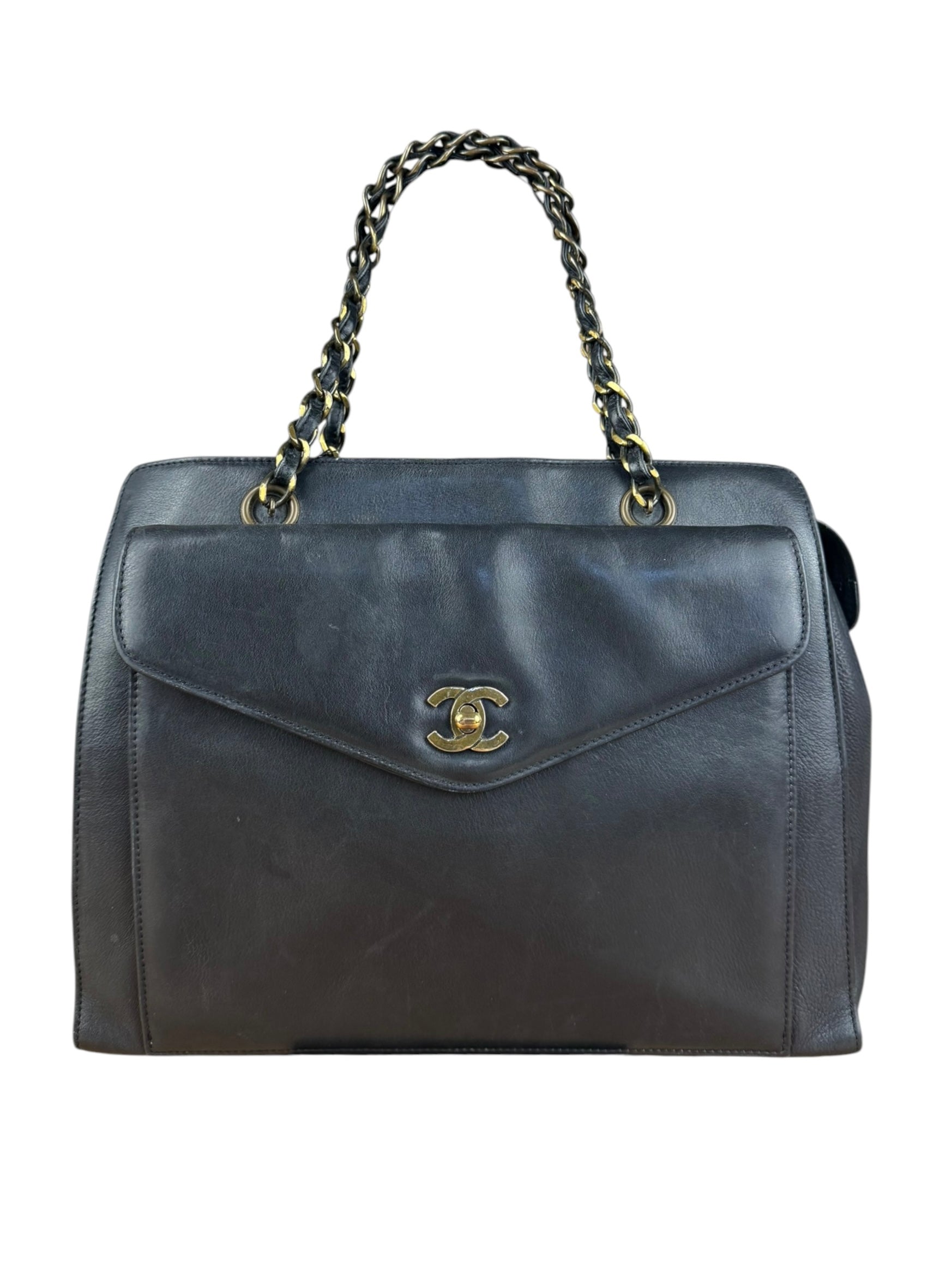 Chanel Black Leather Front Pocket Chain Tote 1998