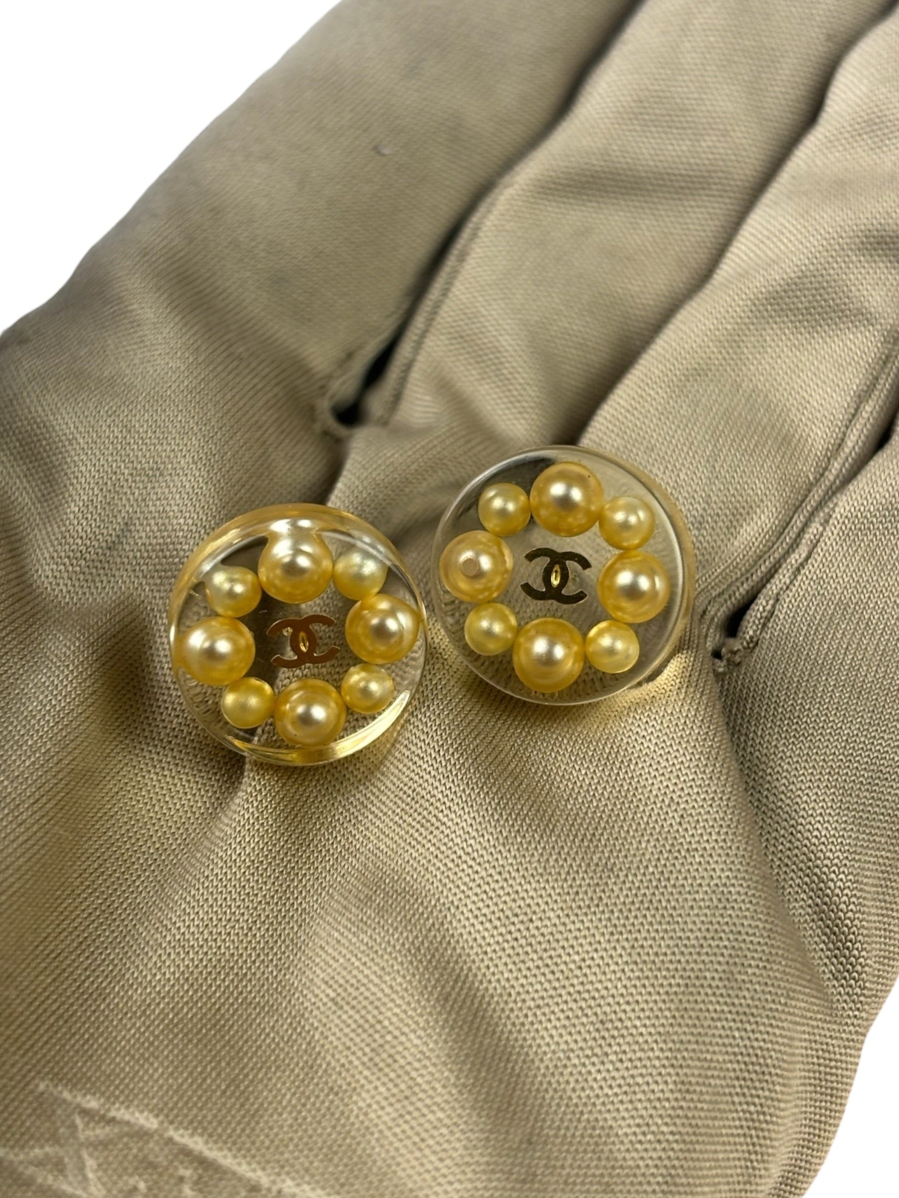 Chanel Vintage CC Clear Resin Faux Pearl Earrings