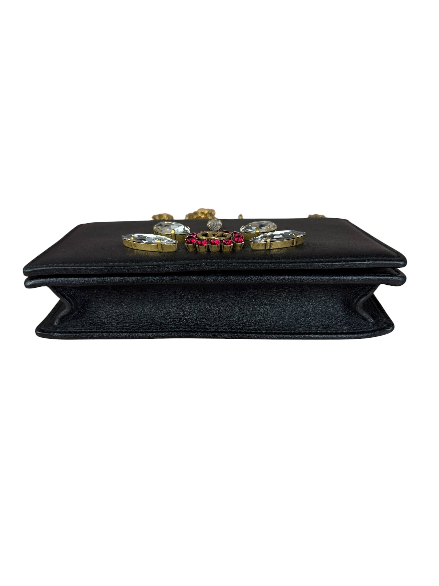 Gucci GG Crystal Embellished Black Leather Wallet on Chain Bag