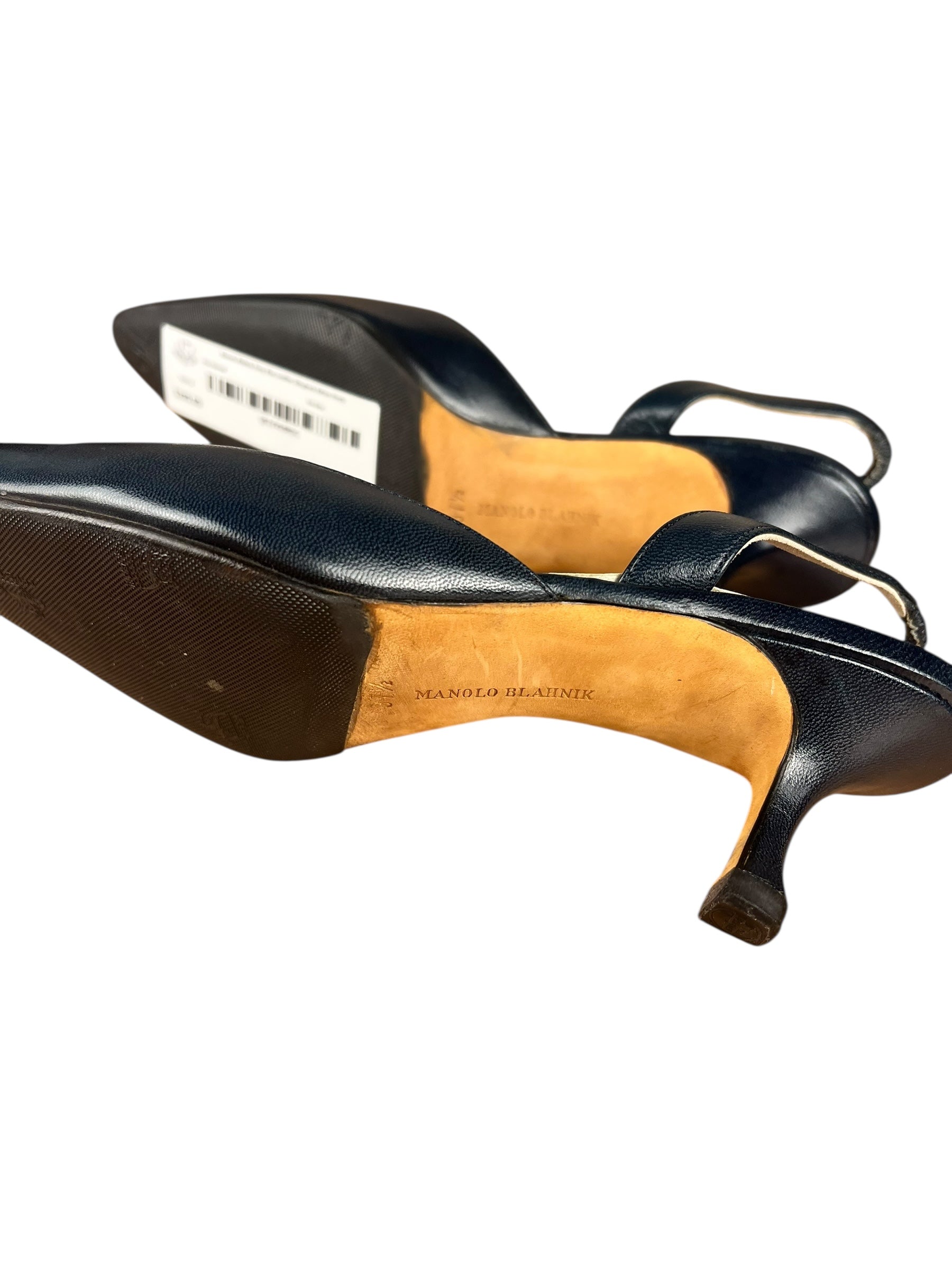 Manolo Blahnik Navy Blue Leather Slingback Kitten Heels