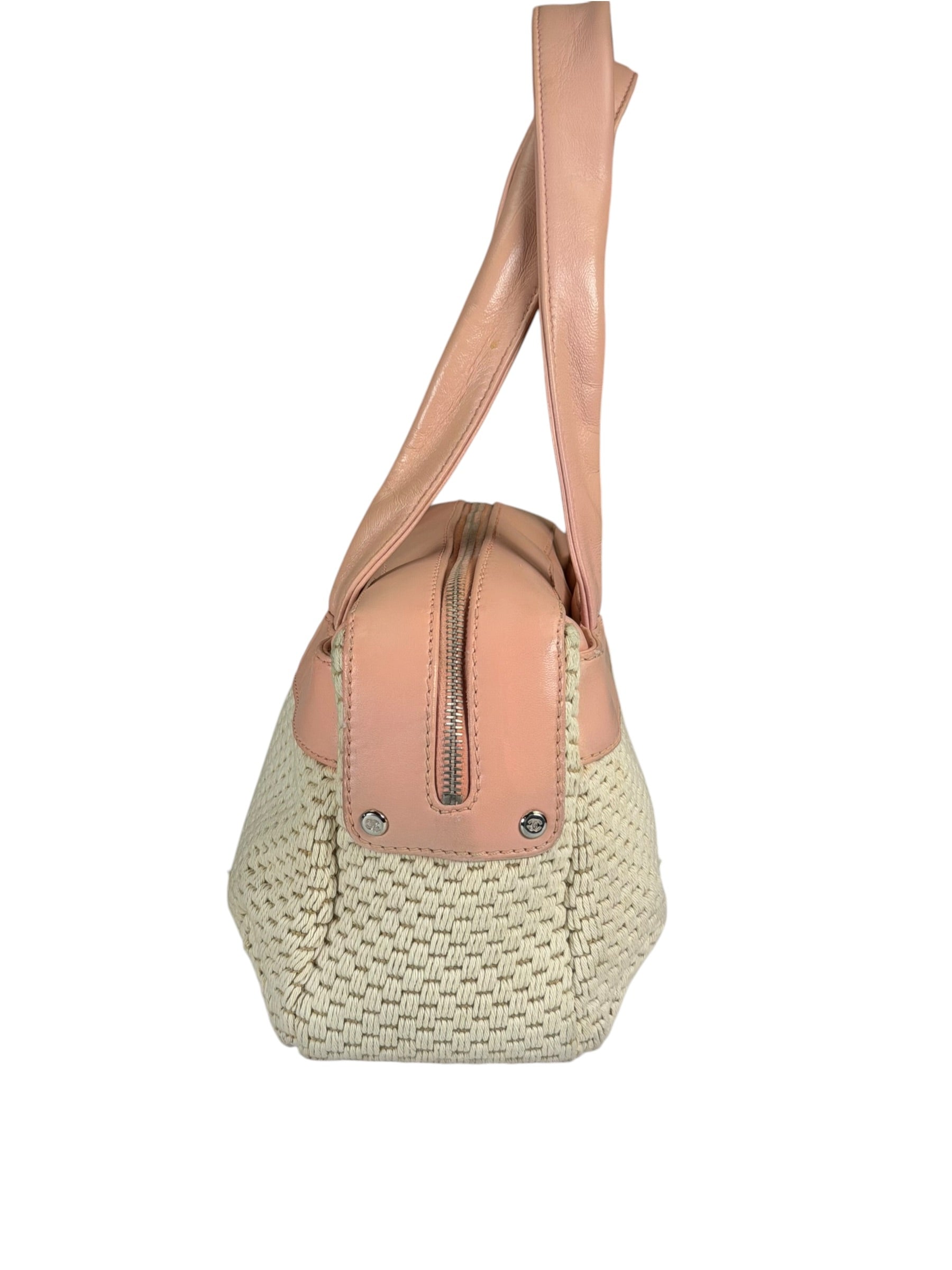 Chanel Cream/Pink Leather Lax Crochet Bowler Shoulder Bag 2004