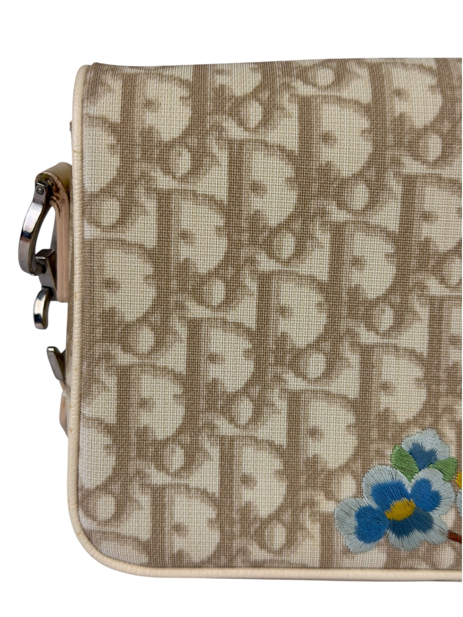 Christian Dior Beige Leather Trim Trotter Floral Embroidered Flap Bag