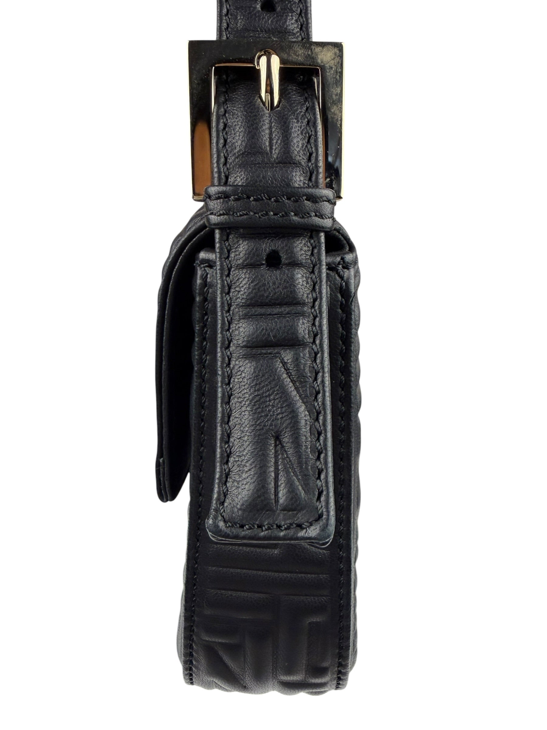Fendi Black Leather 3D Logo Embossed Baguette