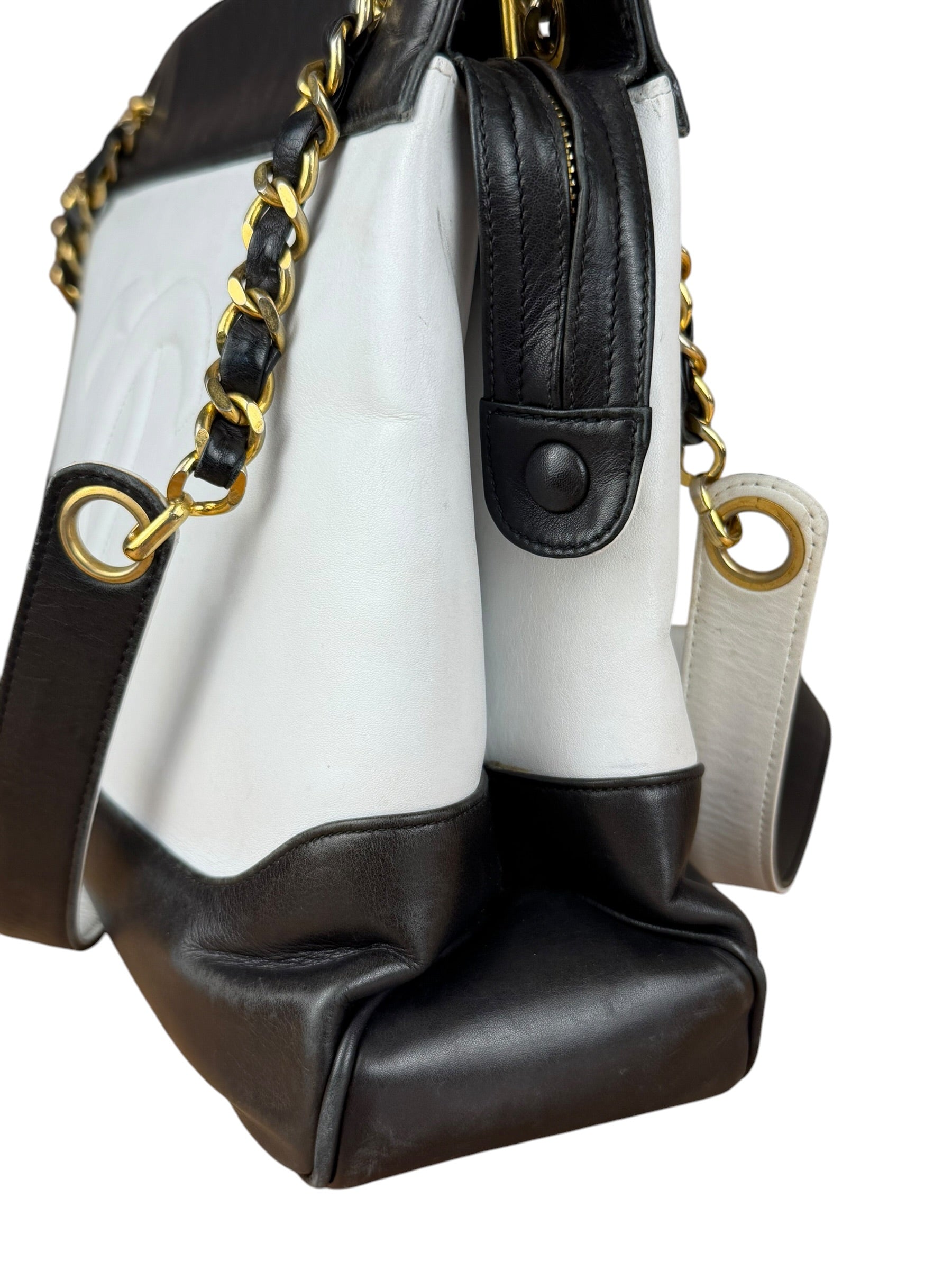 Chanel Vintage Black/White Leather CC Chain Tote '89-'91
