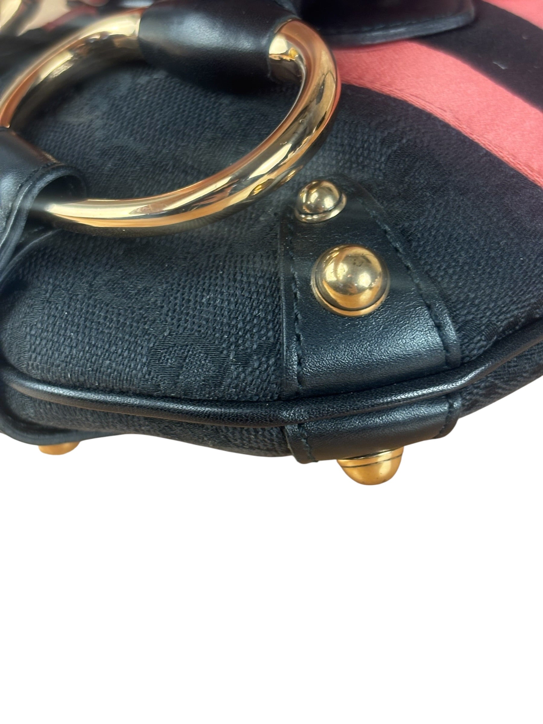 Gucci GG Black/Pink Canvas Horsebit Chain Shoulder Bag
