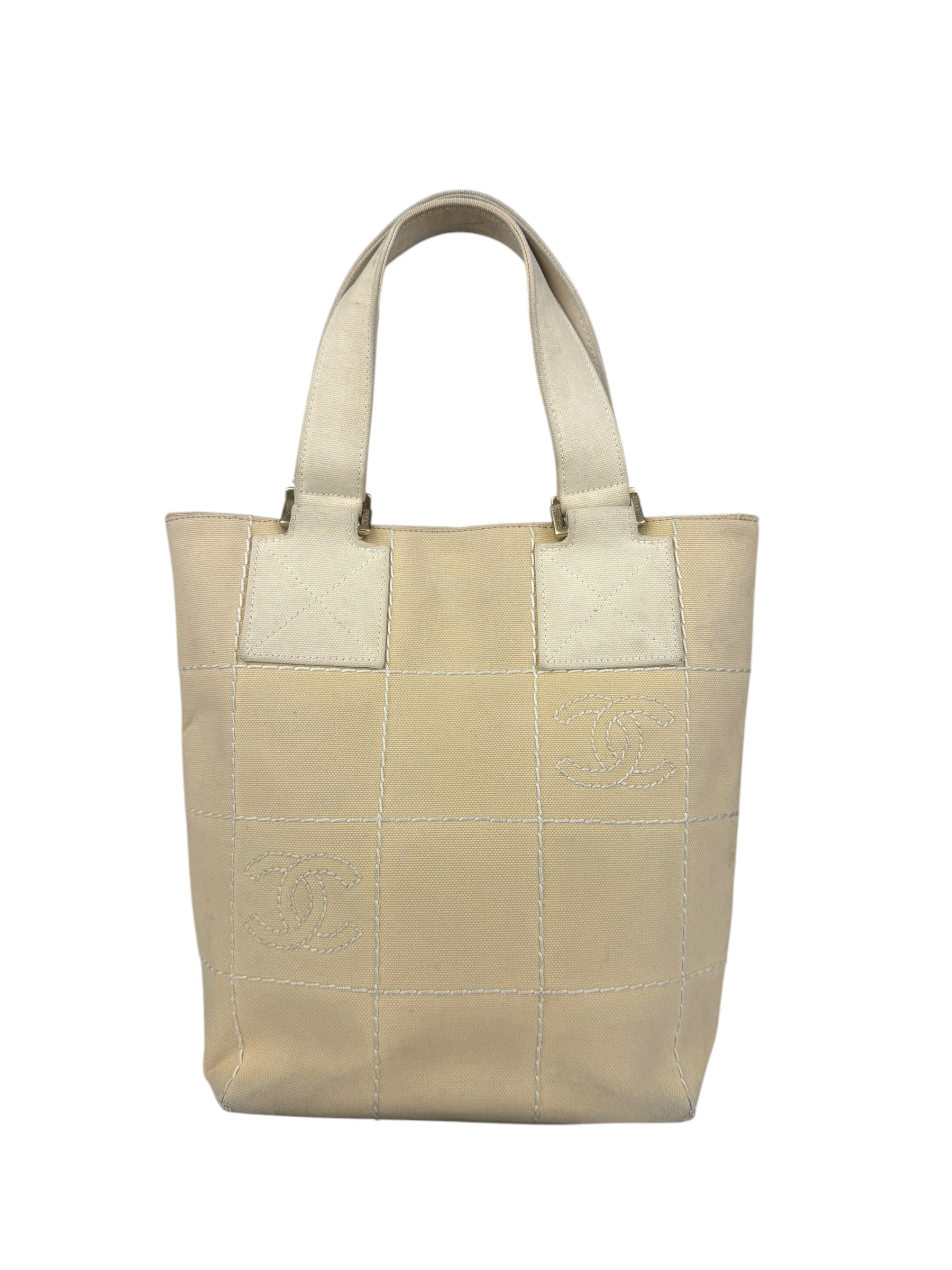 Chanel Vintage Beige Canvas Quilted Chocolate Bar Tote 2003