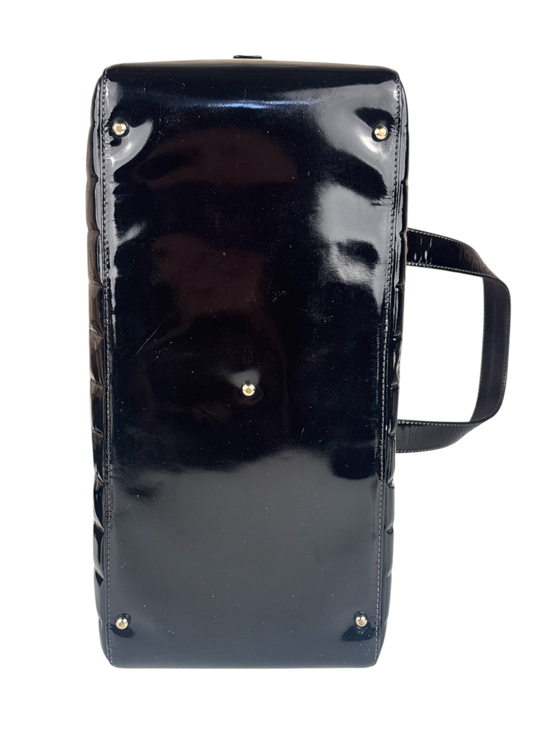 Chanel Black Leather Patent Chocolate Bar Bowler Hand Bag