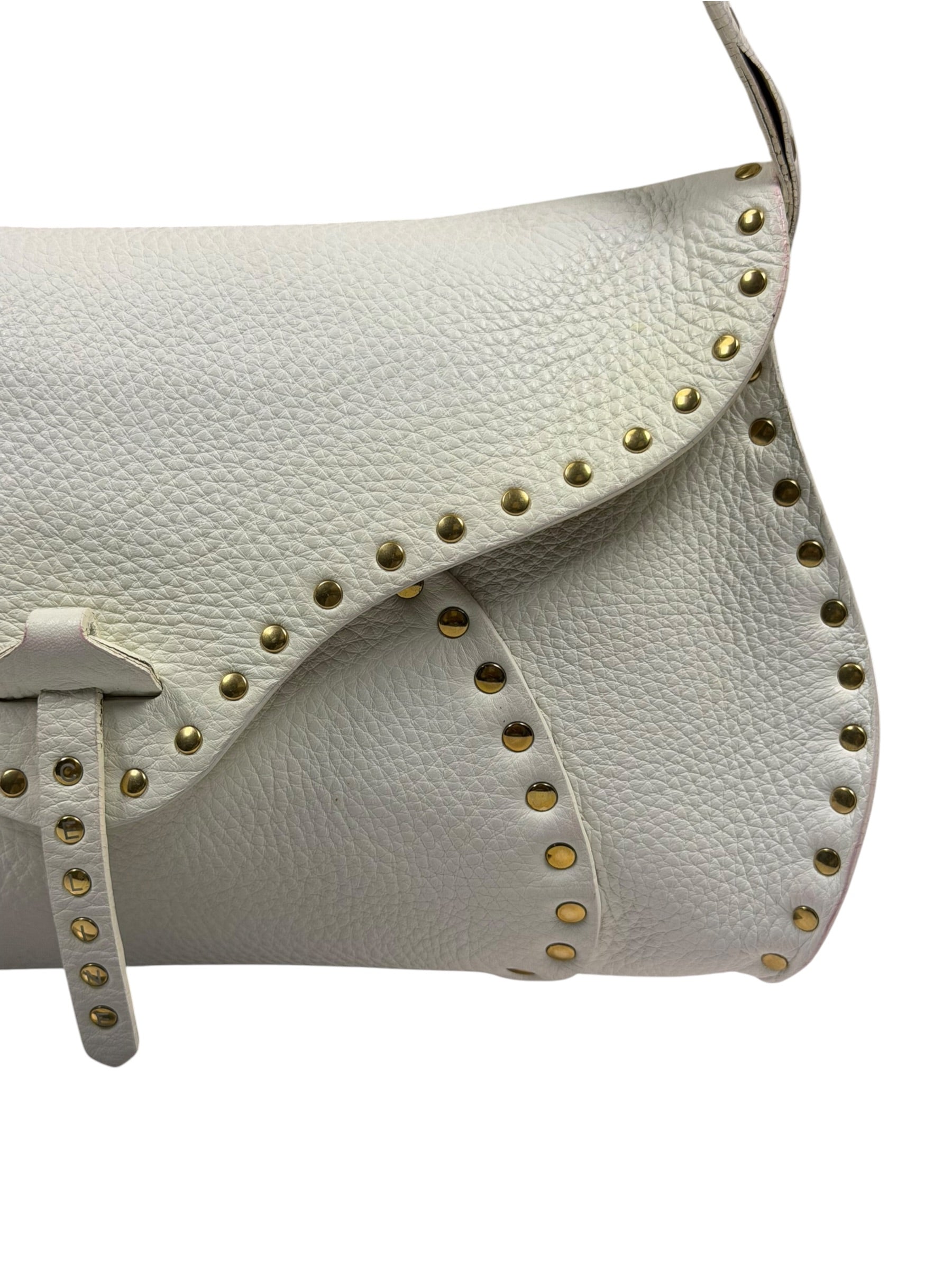 Celine White Grained Leather Studded Poultbot Shoulder Bag