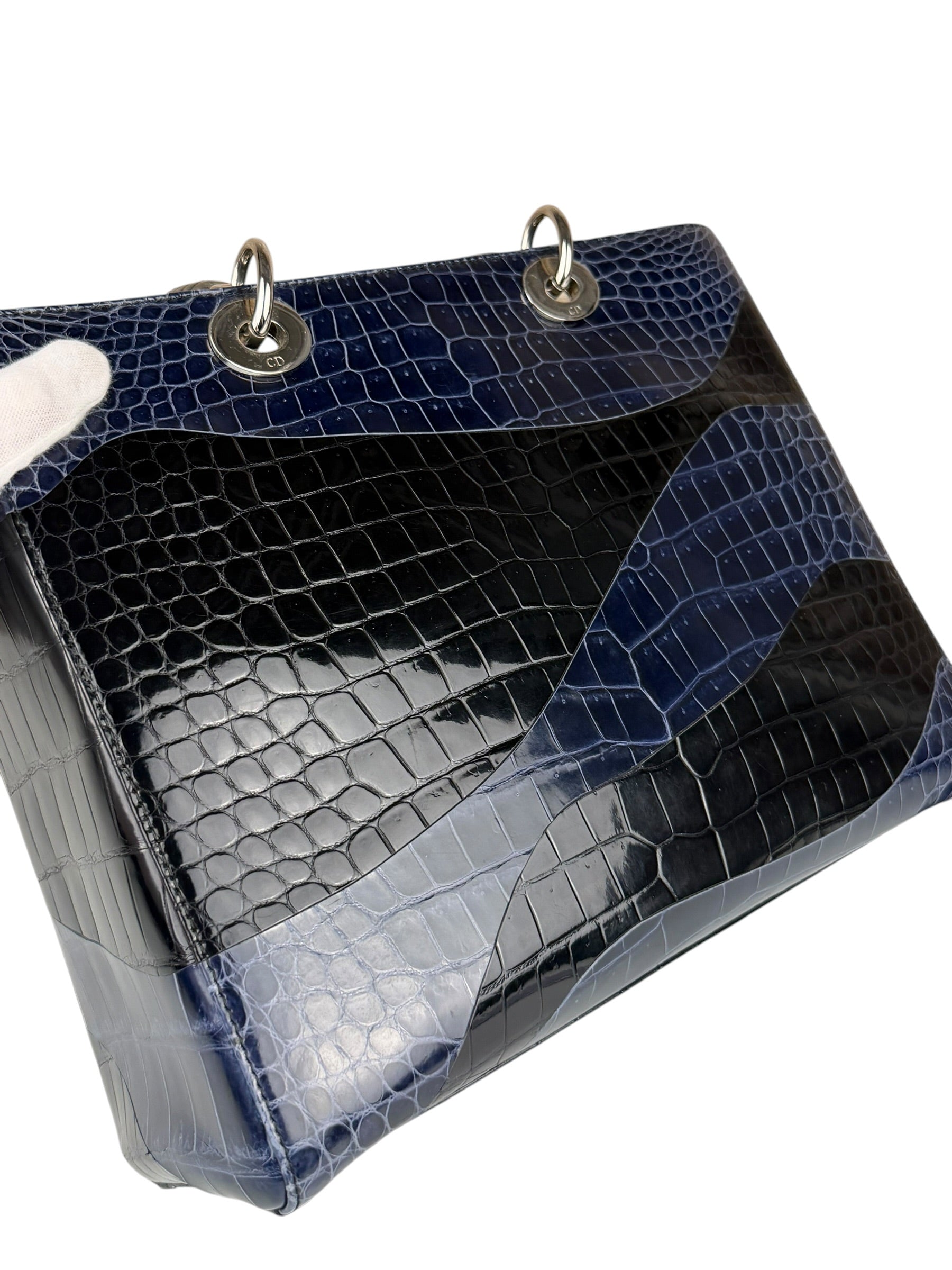 Christian Dior Rare Black/Navy Croc Embossed Lady Dior Handbag