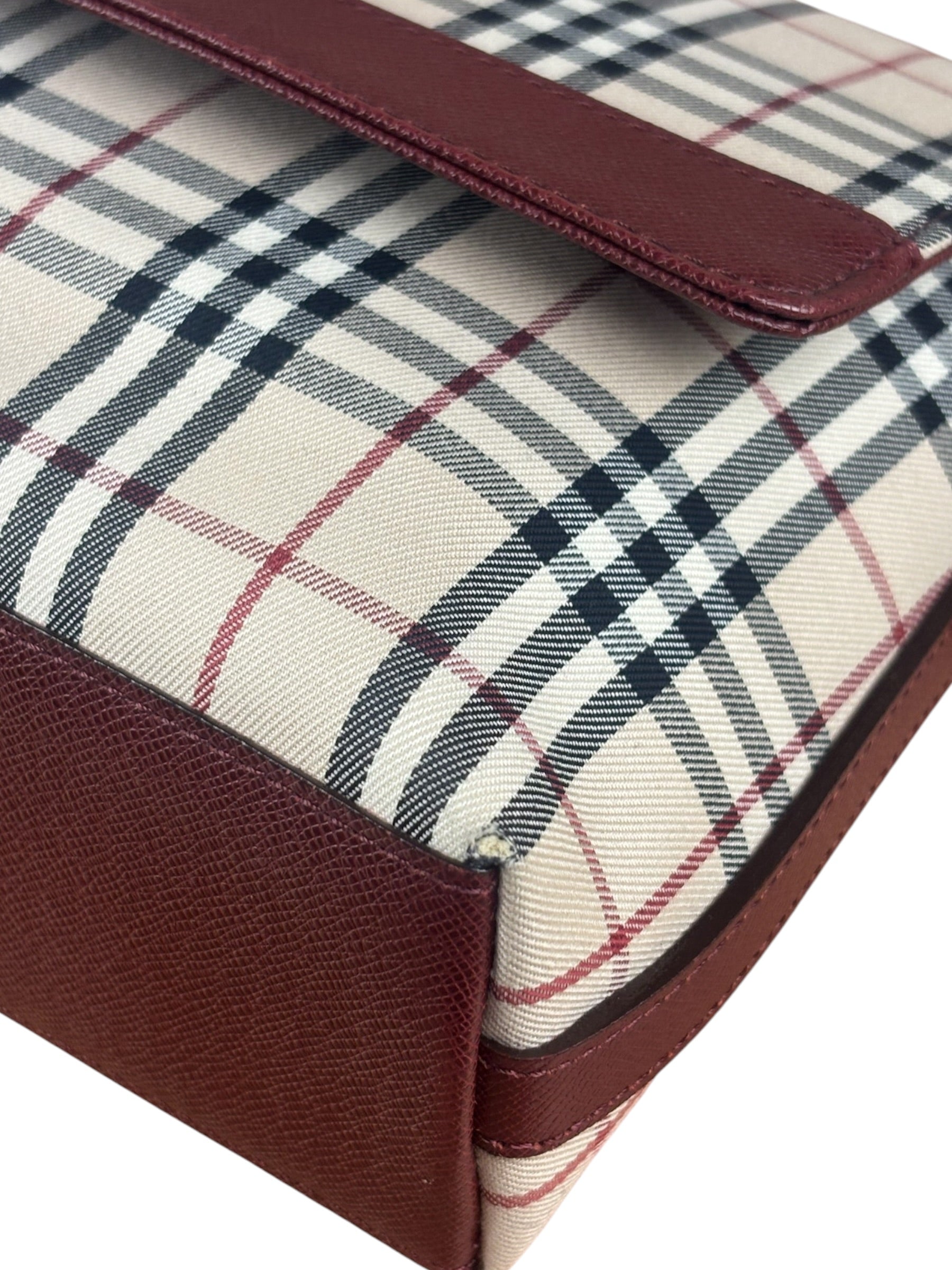 Burberry Burgundy Leather Trim House Check Shoulder Bag