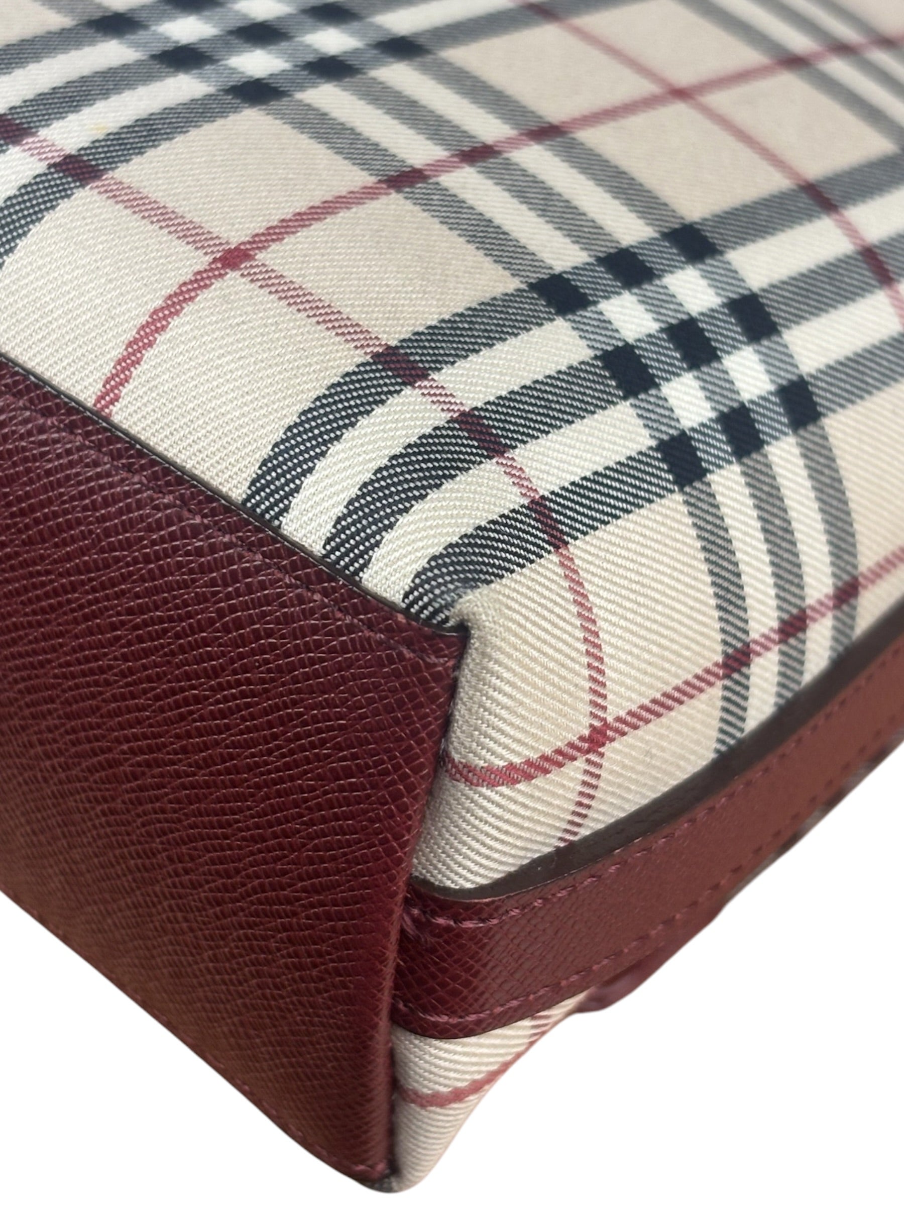 Burberry Burgundy Leather Trim House Check Shoulder Bag