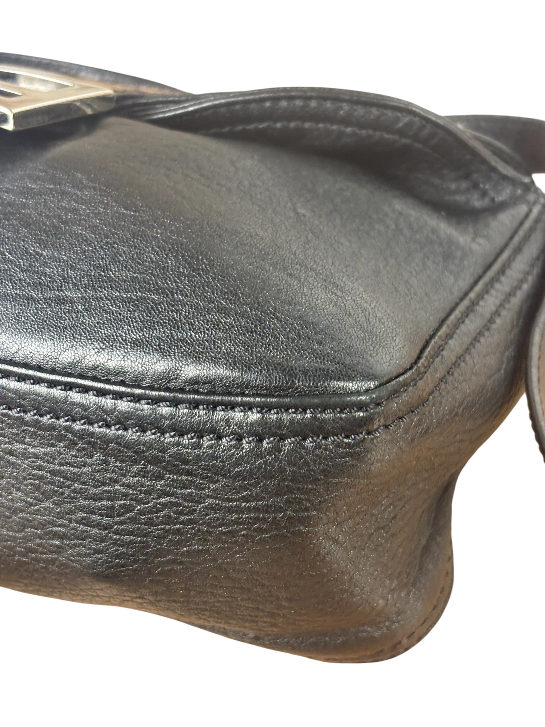 Fendi Vintage Black Leather Double Flap Baguette