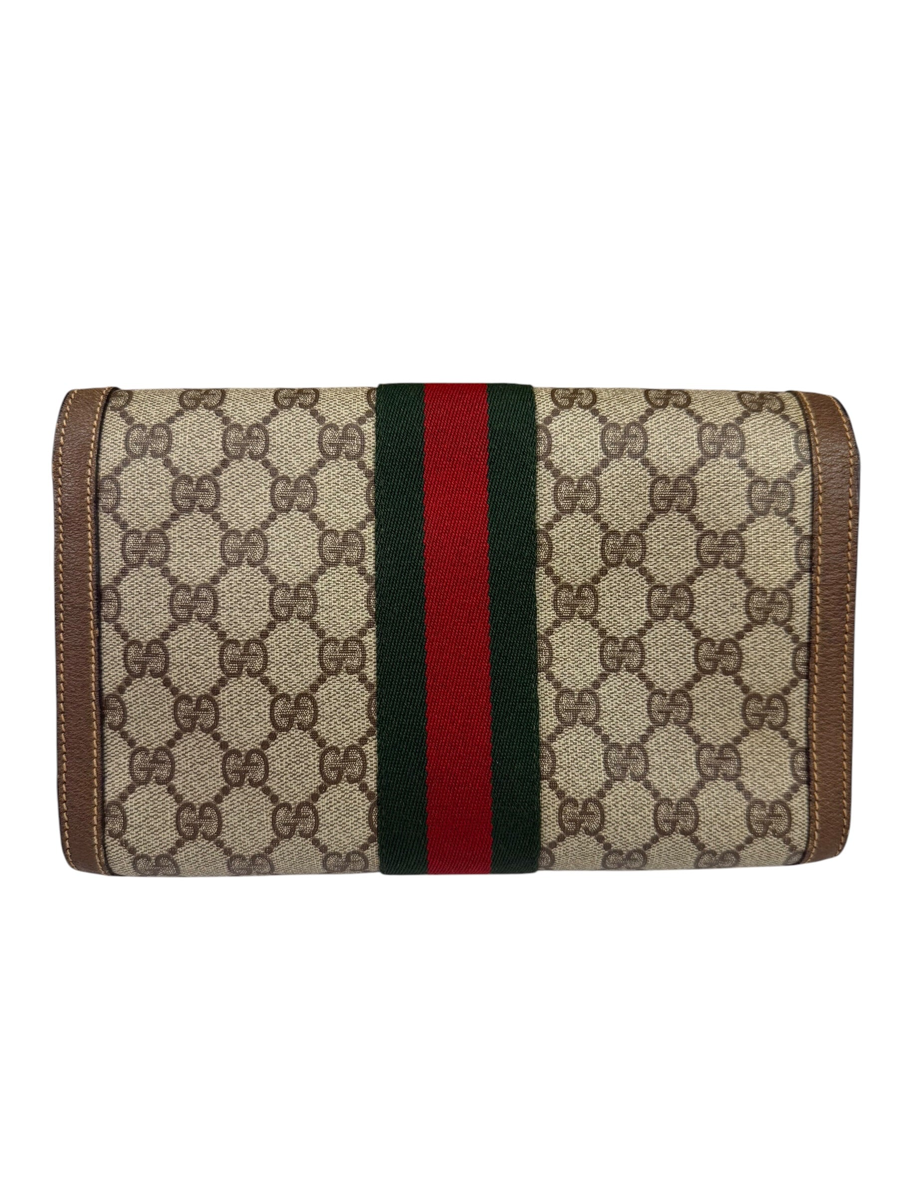 Gucci Brown Leather GG Supreme Web Stripe Clutch