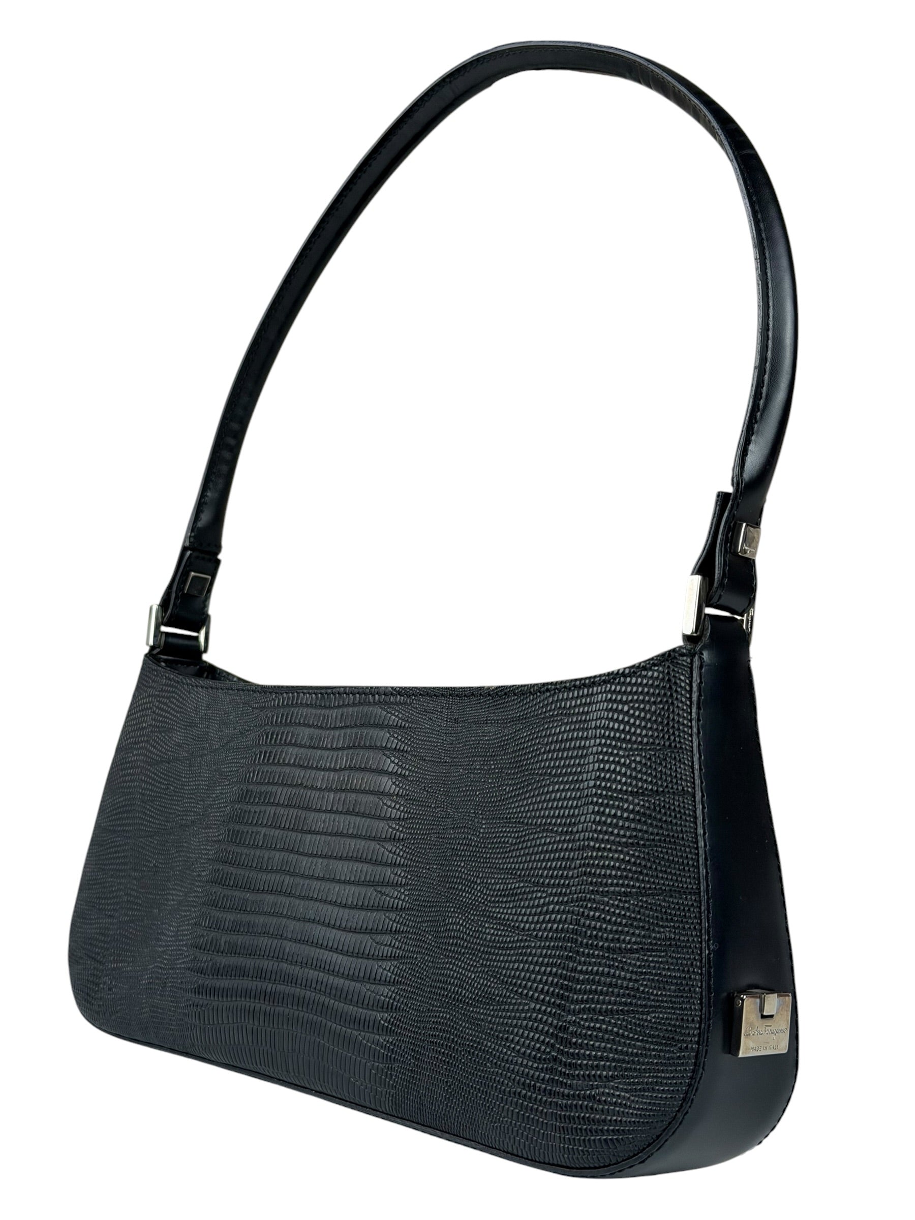 Salvatore Ferragamo Vintage Black Lizard Embossed Leather Pochette