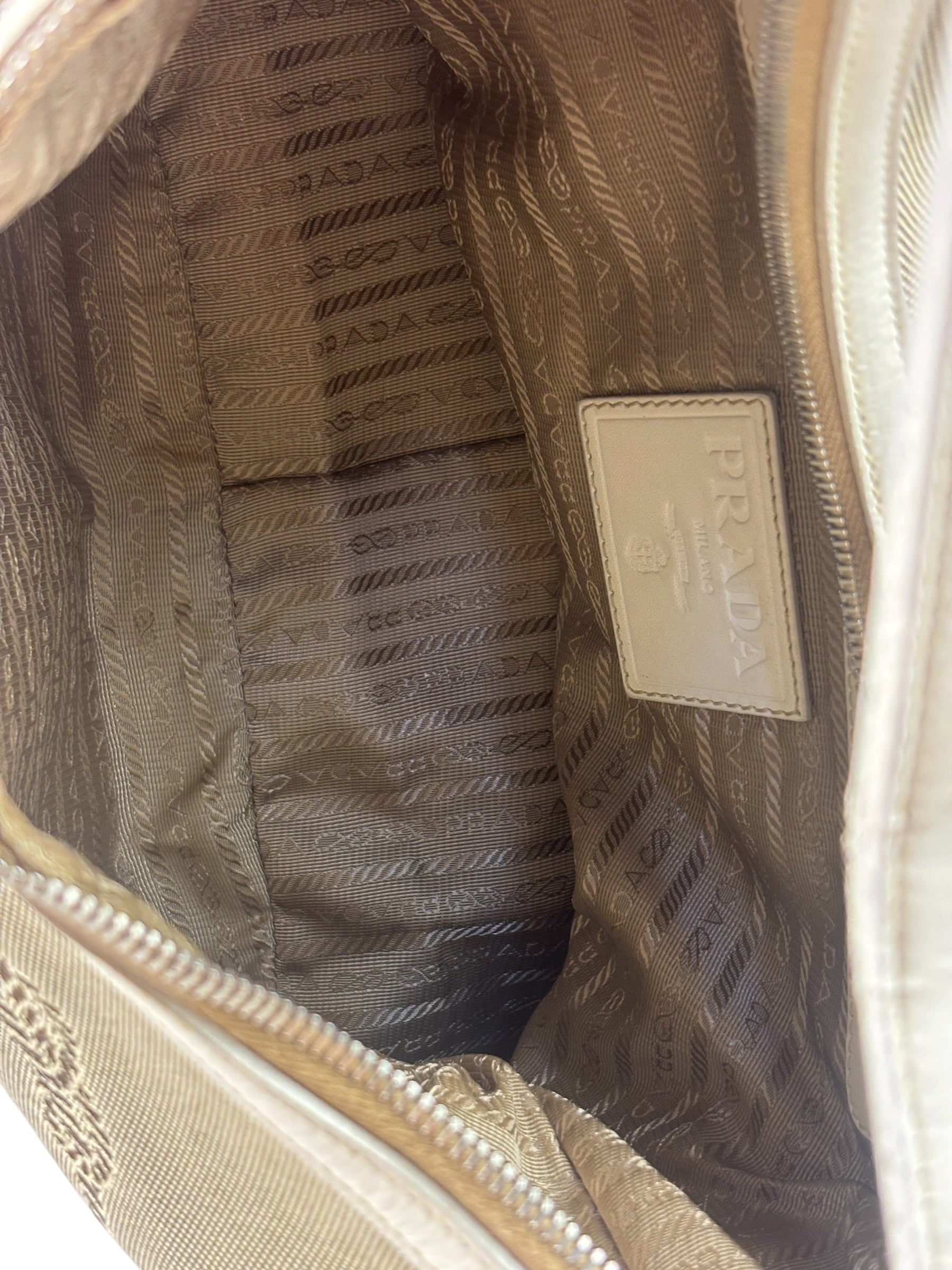 Prada Beige/Cream Leather Trim Logo Jacquard Hobo Bag