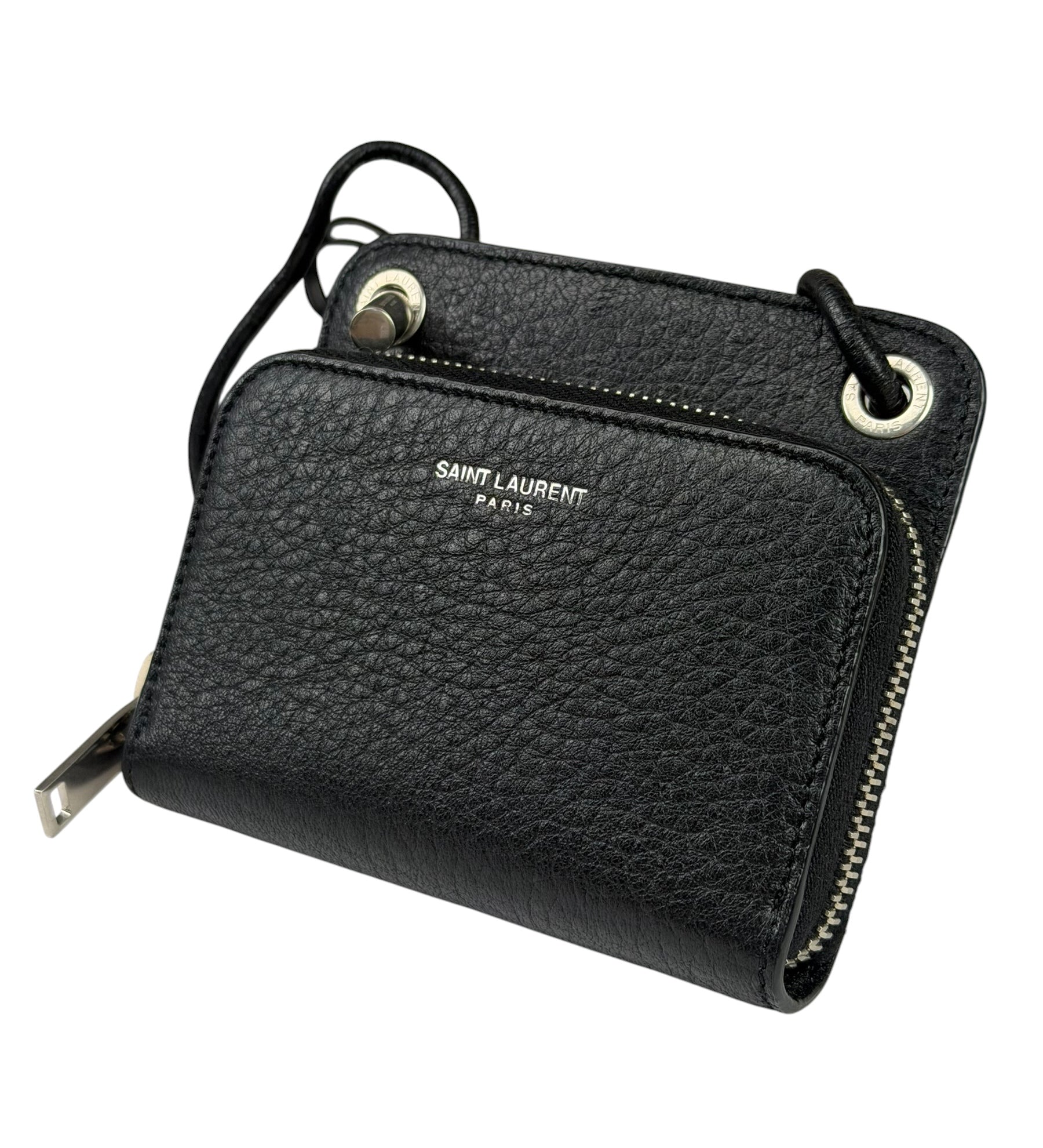Yves Saint Laurent Black Leather Paris Lanyard Wallet