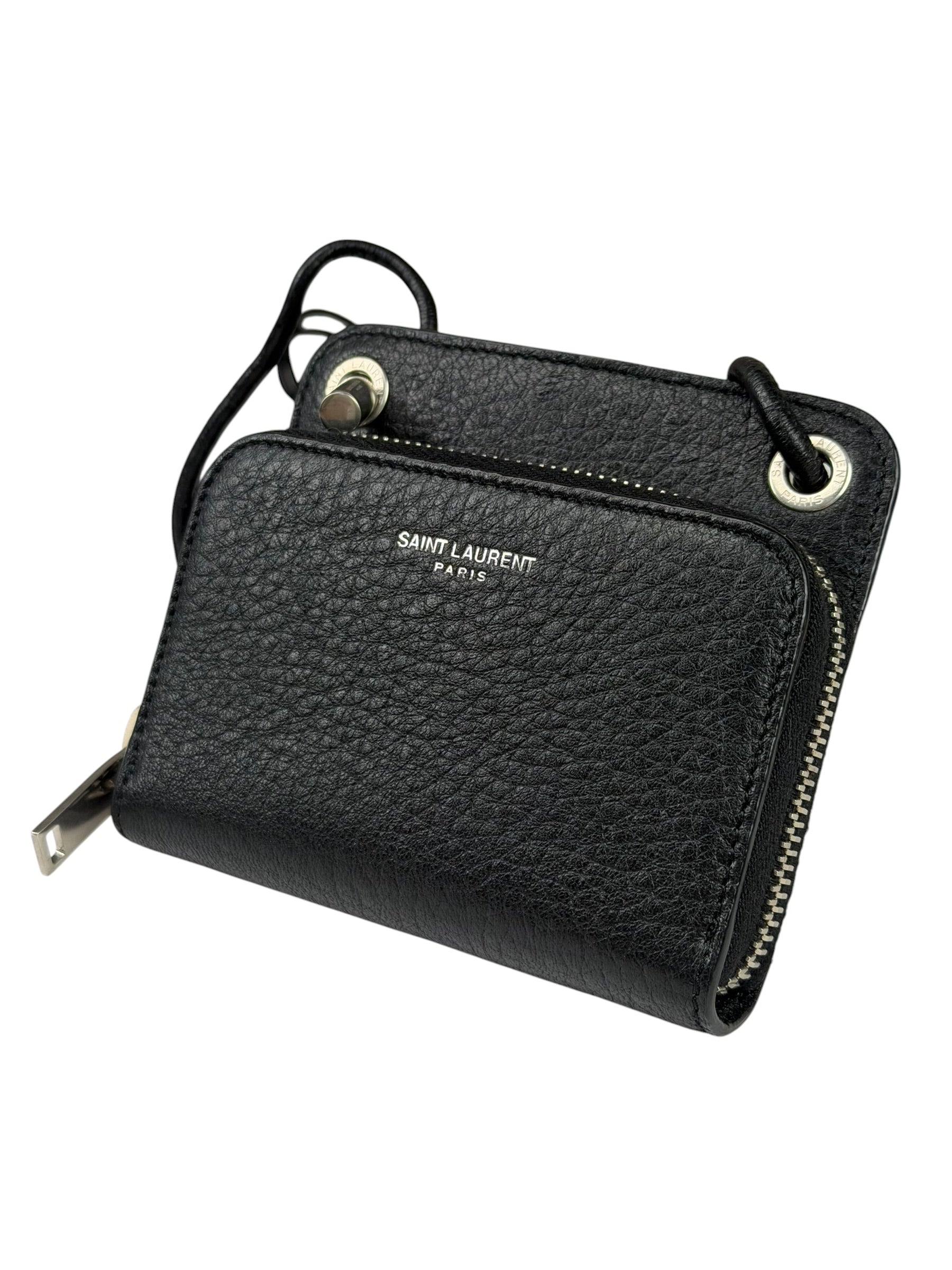 Yves Saint Laurent Black Leather Paris Lanyard Wallet